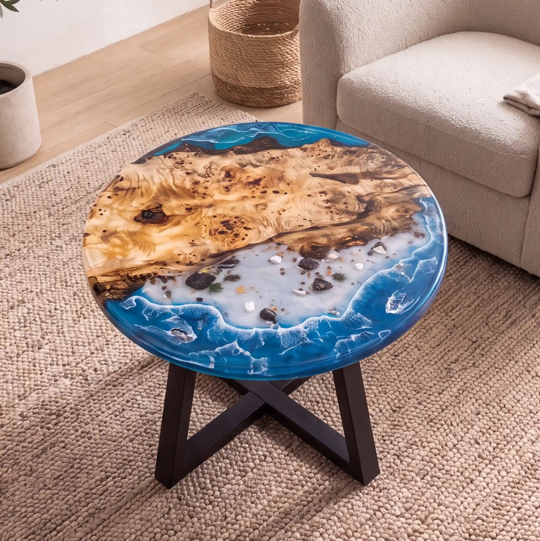 32"x32"x2" Poplar Wood & Coastal Ocean Resin Round Coffee Table PRC15