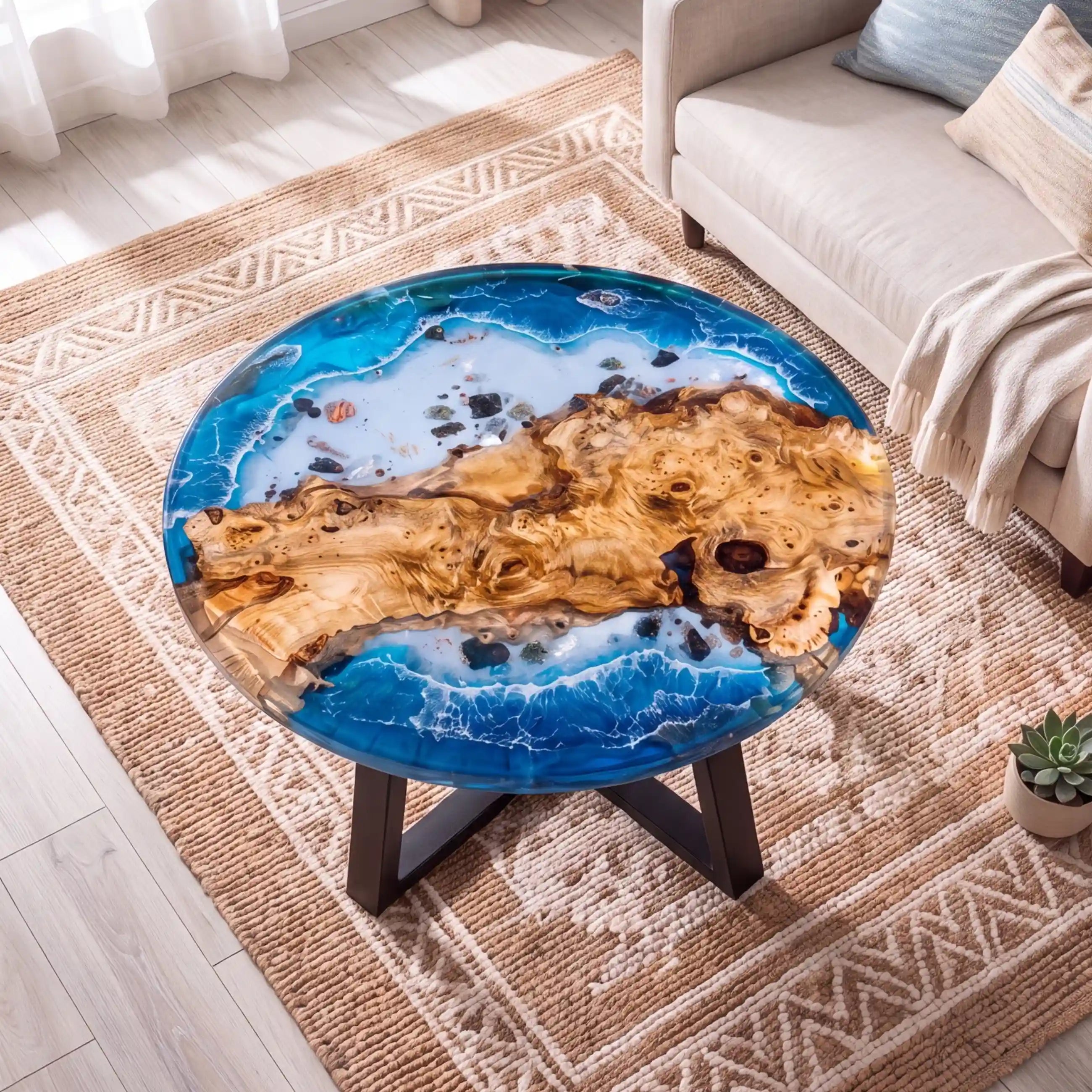 32"x32"x2" Poplar Wood & Coastal Ocean Resin Round Coffee Table PRC 16
