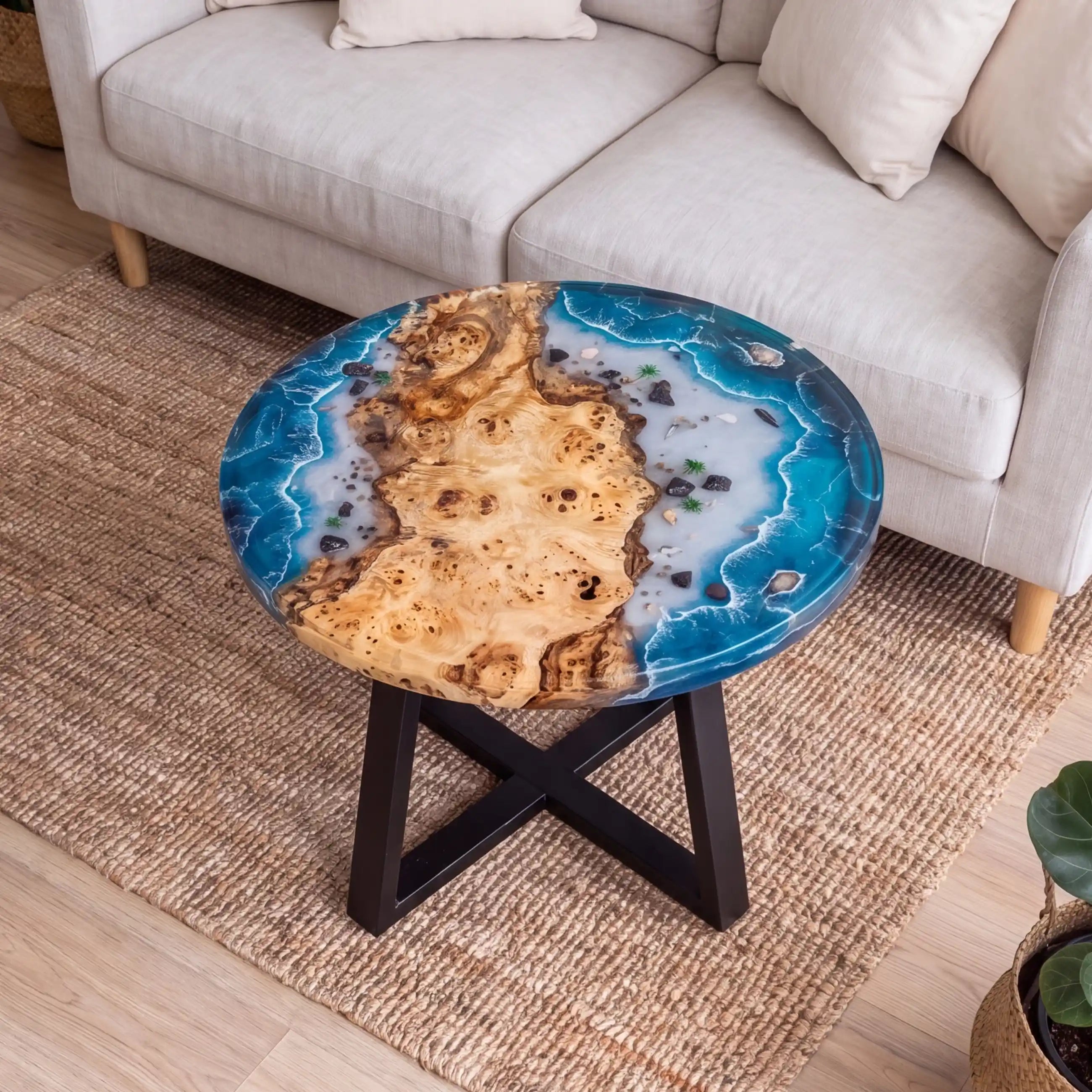 32"x32"x2" Poplar Wood & Coastal Ocean Resin Round Coffee Table PRC12