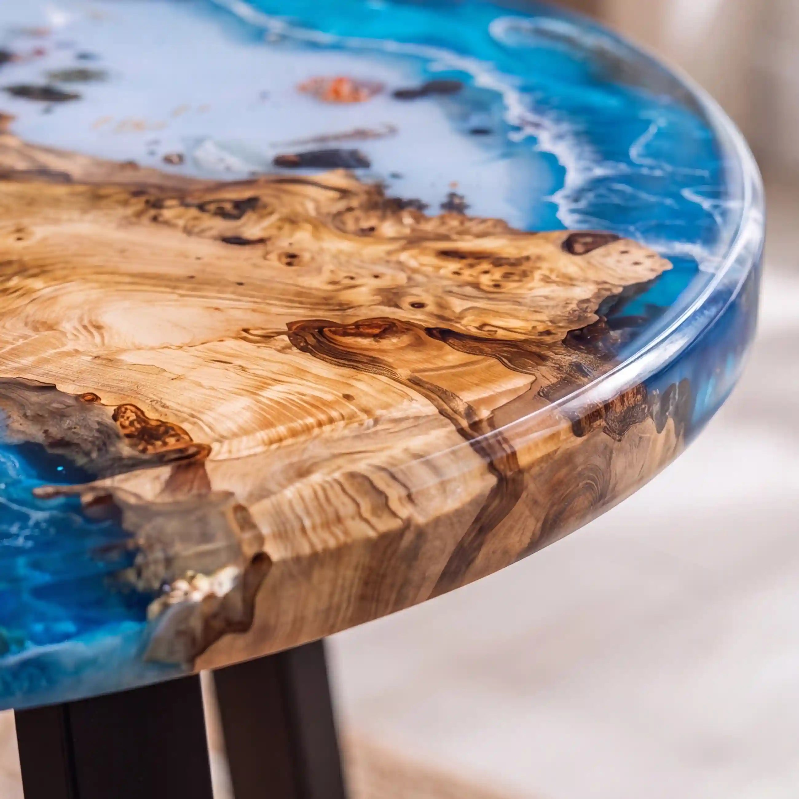 32"x32"x2" Poplar Wood & Coastal Ocean Resin Round Coffee Table PRC 16