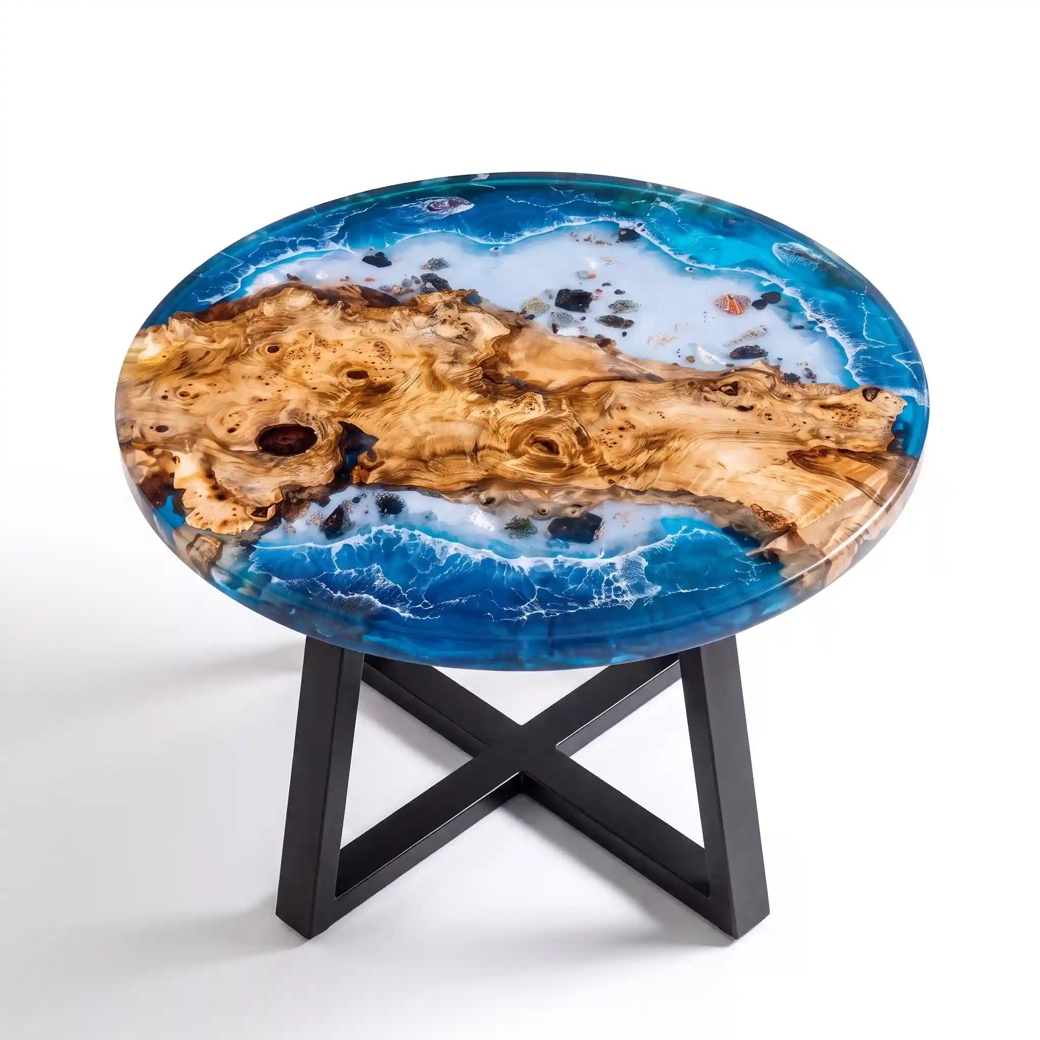 32"x32"x2" Poplar Wood & Coastal Ocean Resin Round Coffee Table PRC 16