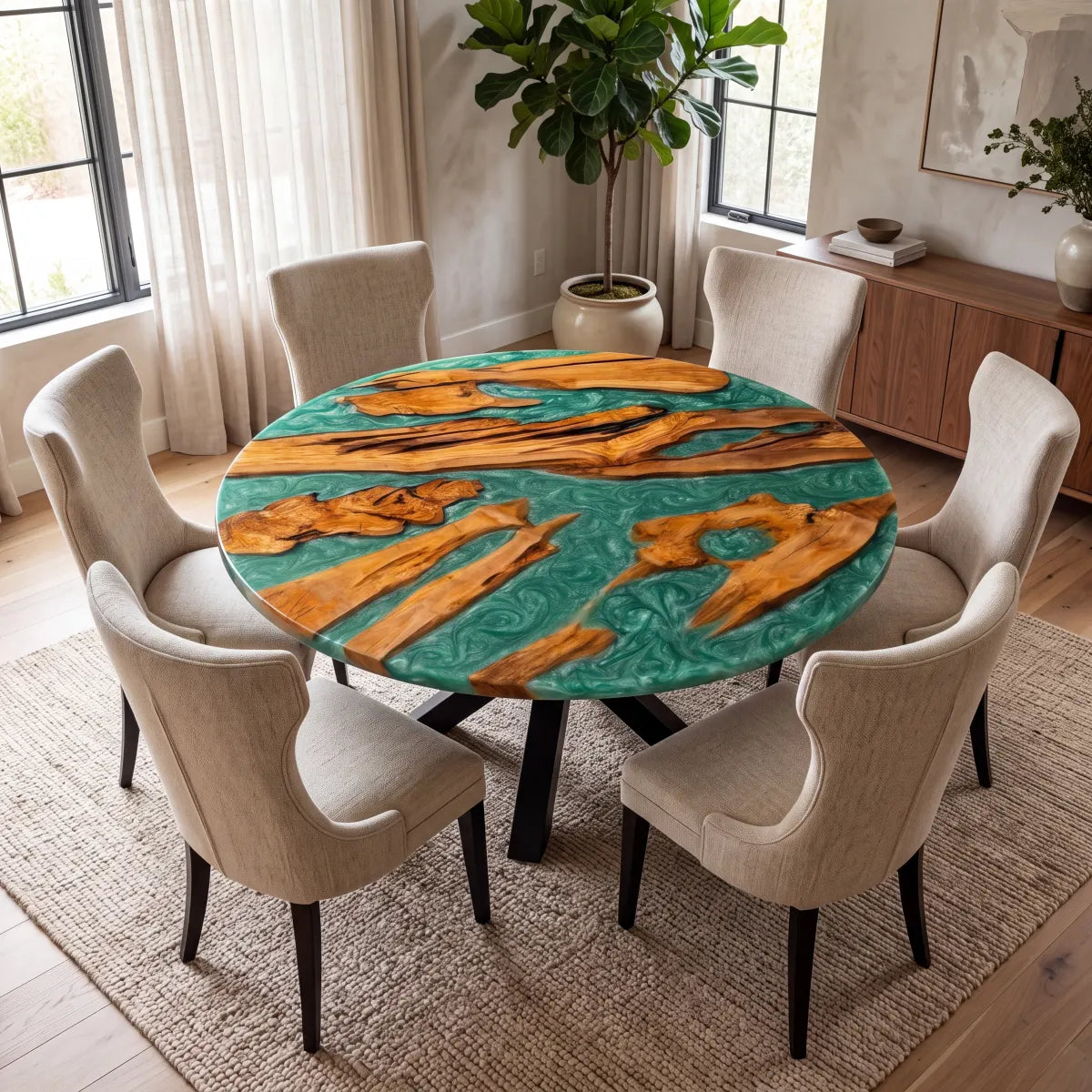 60 x 60 x 2.16 inch Olive Wood Green Swirl resin Round dining table photo 6