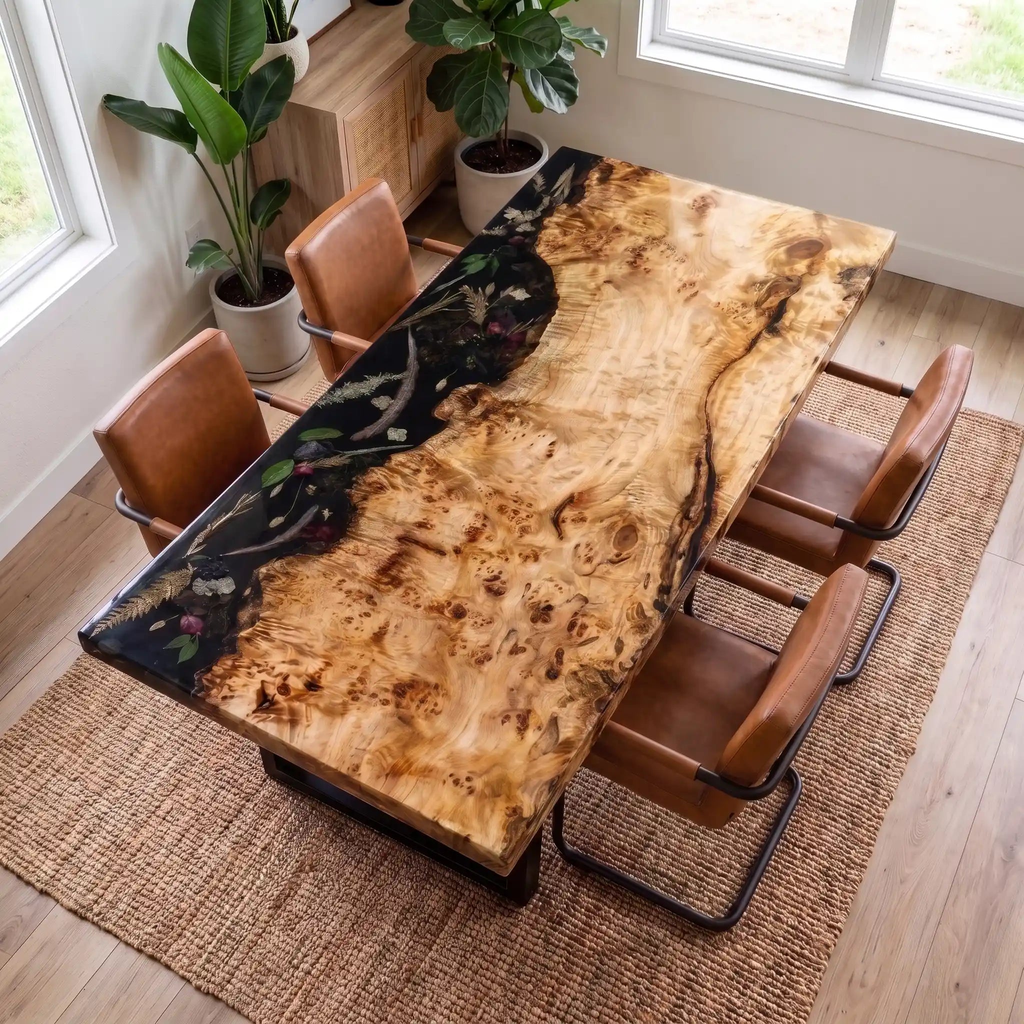 66"x32"x2.4" Poplar Wood & Botanical Black Resin Rectangular Dining Table PRD5