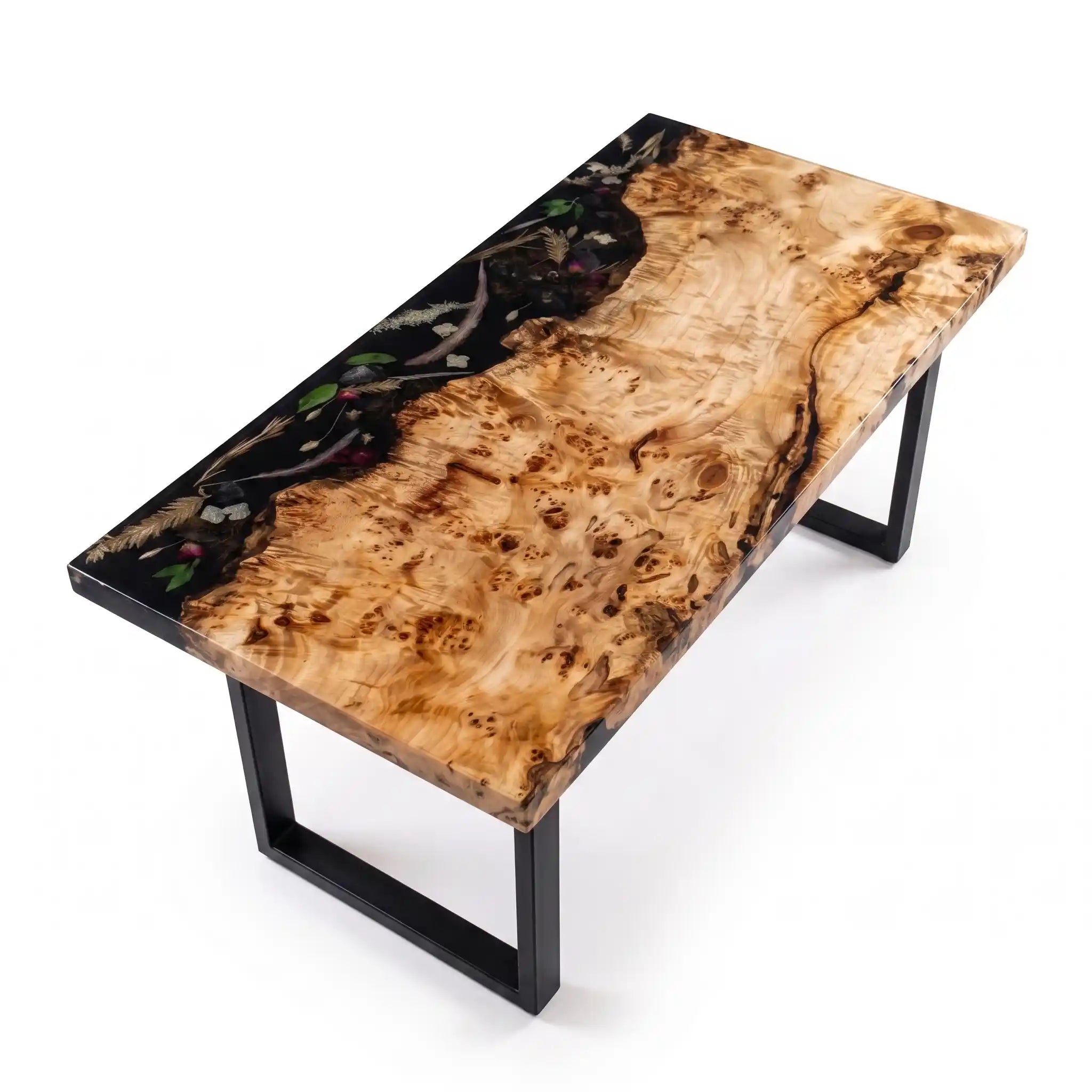 66"x32"x2.4" Poplar Wood & Botanical Black Resin Rectangular Dining Table PRD5