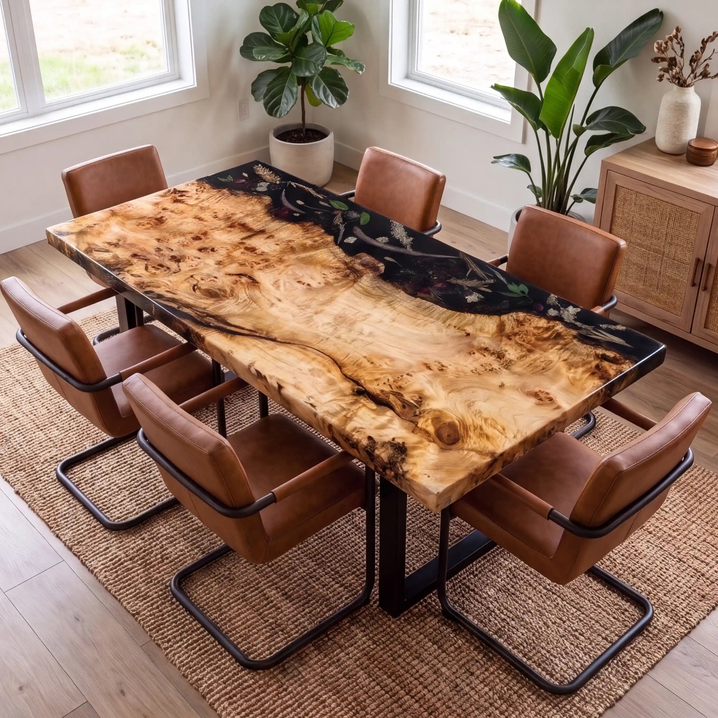 66"x32"x2.4" Poplar Wood & Botanical Black Resin Rectangular Dining Table PRD5