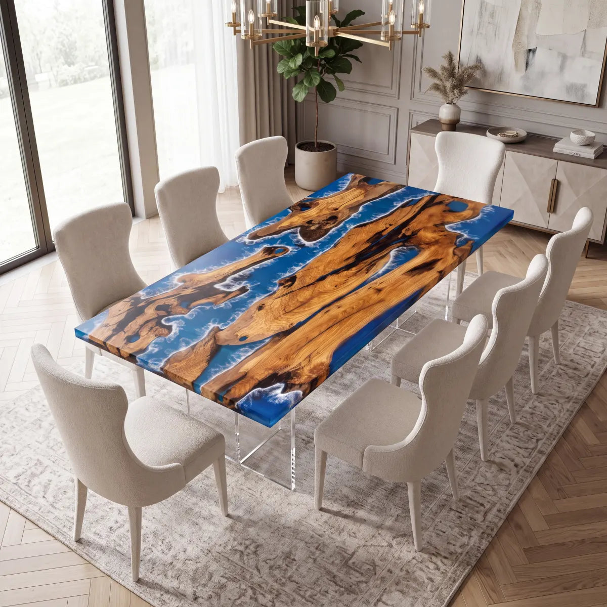 72 x 40 x 1.96 inch Olive Wood Blue & White Seawave resin Rectangular dining table photo 6