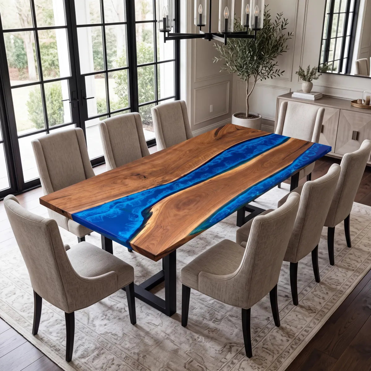 72 x 40 x 1.96 inch Black Walnut Blue Seawave Resin Rectangular Dining Table photo 5