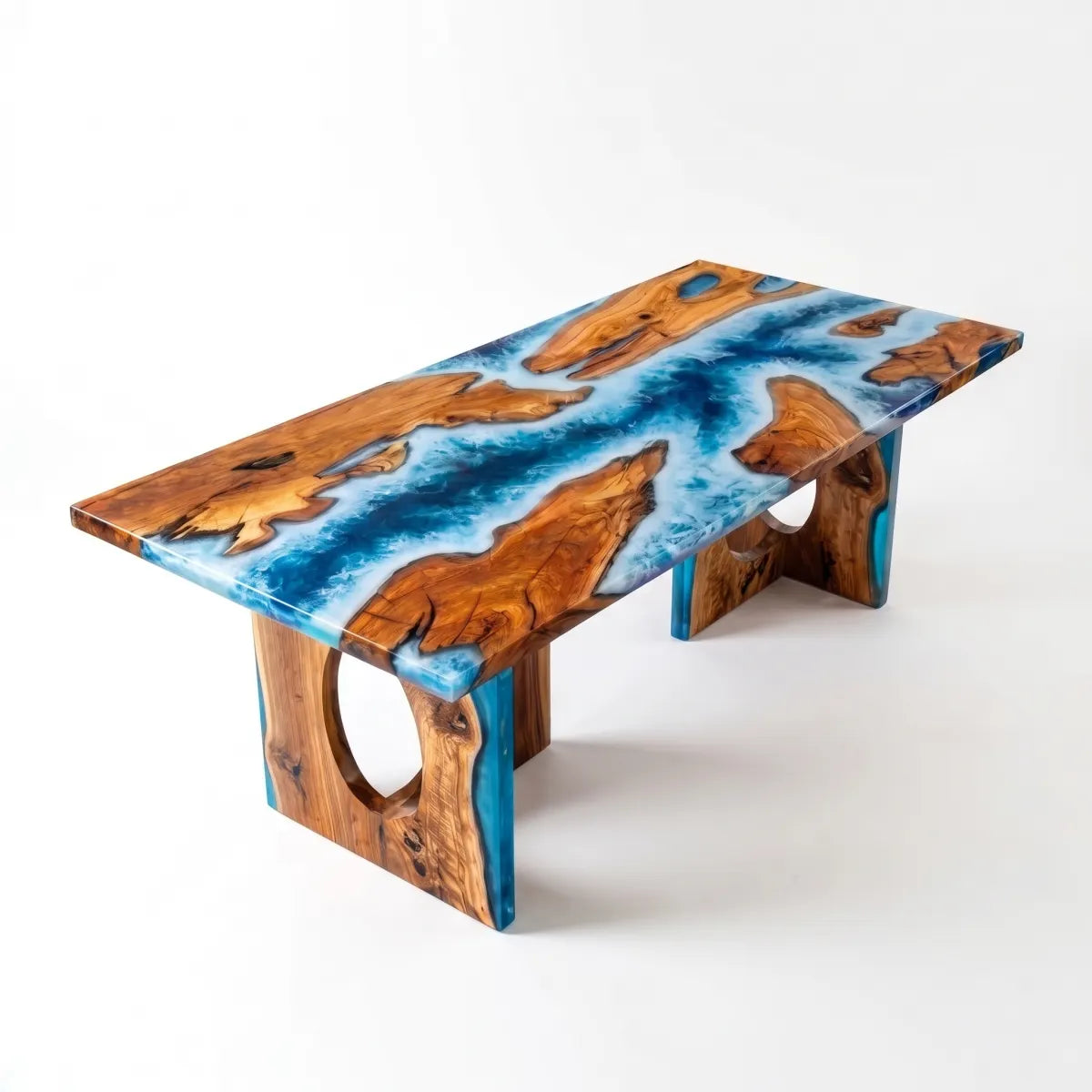 84 x 42 x 2.16 inch Olive Wood Blue Ocean Seawave resin Rectangular dining table photo 6