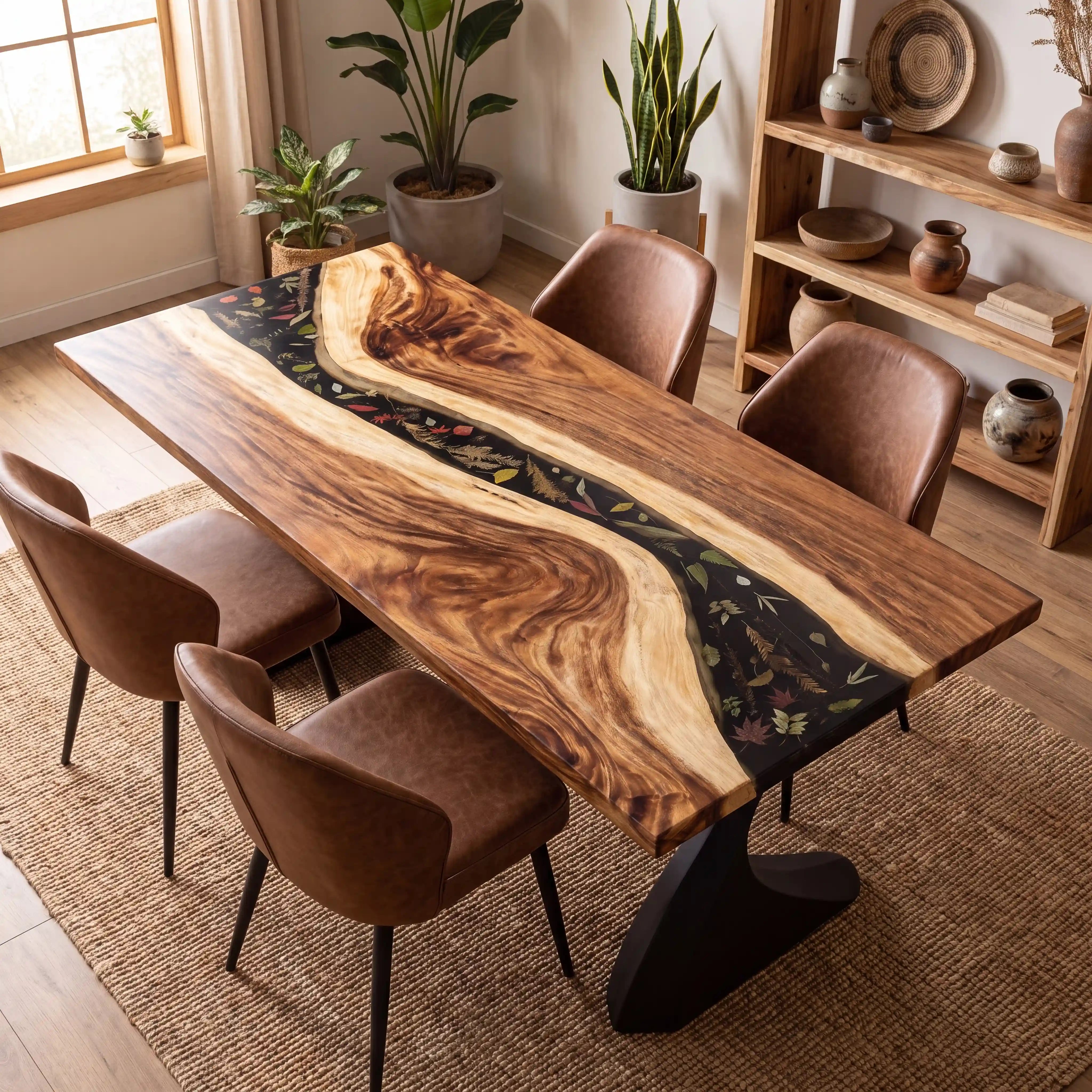 95"x35"x2" Olive Wood & Botanical Black Resin Rectangular Dining Table ORD17