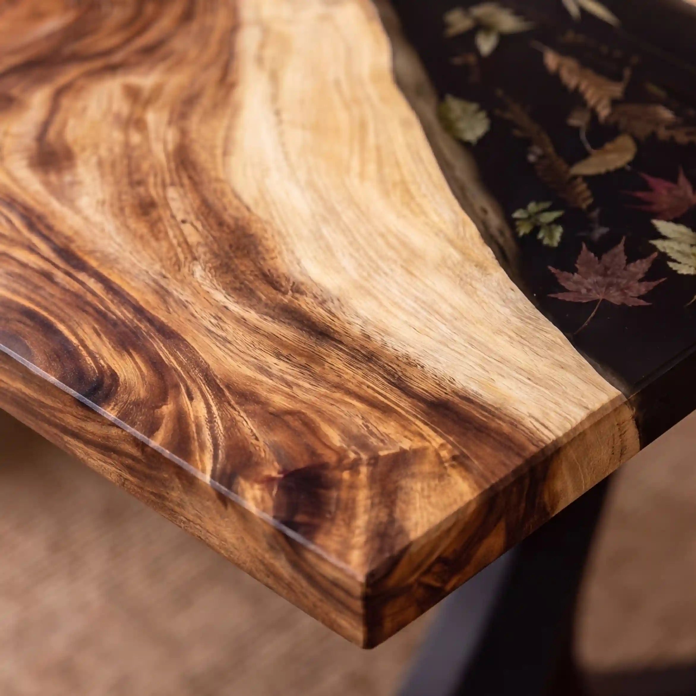 95"x35"x2" Olive Wood & Botanical Black Resin Rectangular Dining Table ORD17