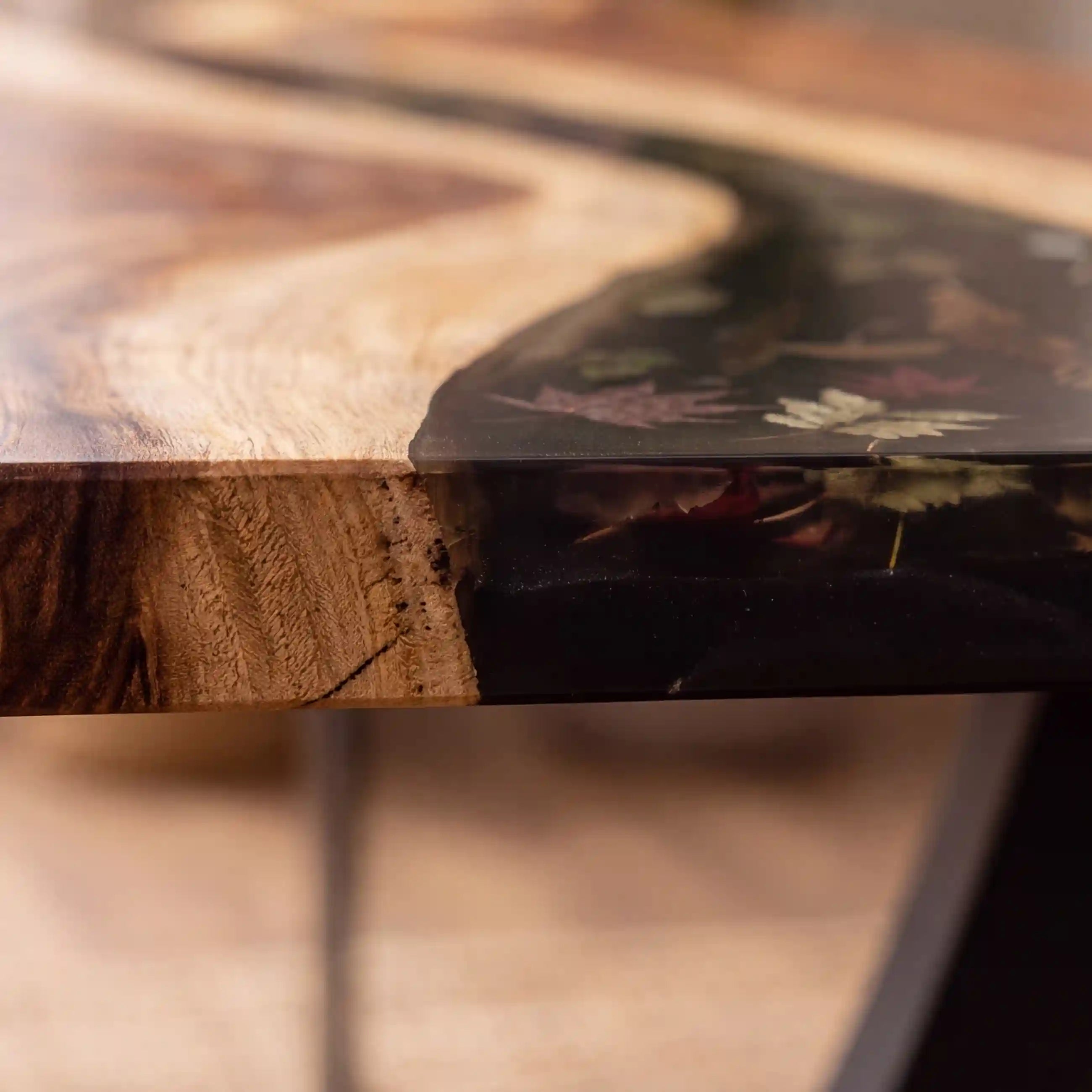 95"x35"x2" Olive Wood & Botanical Black Resin Rectangular Dining Table ORD17