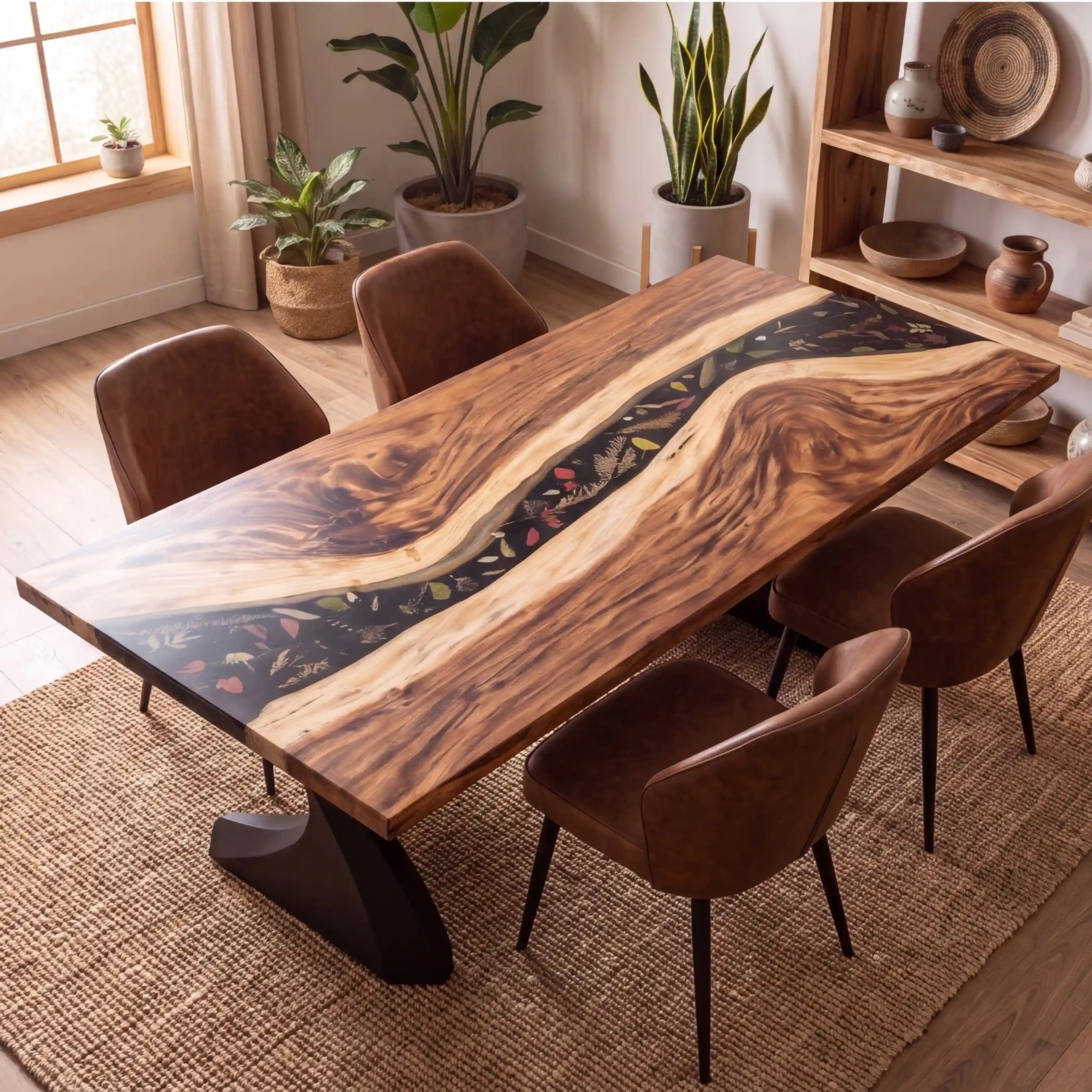 95"x35"x2" Olive Wood & Botanical Black Resin Rectangular Dining Table ORD17