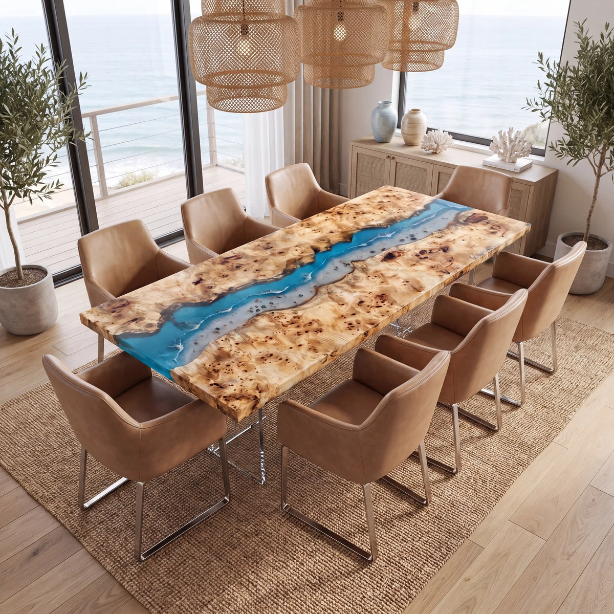 95"x35"x2" Poplar Wood & Ocean Blue Resin Rectangular Dining Table PRD11