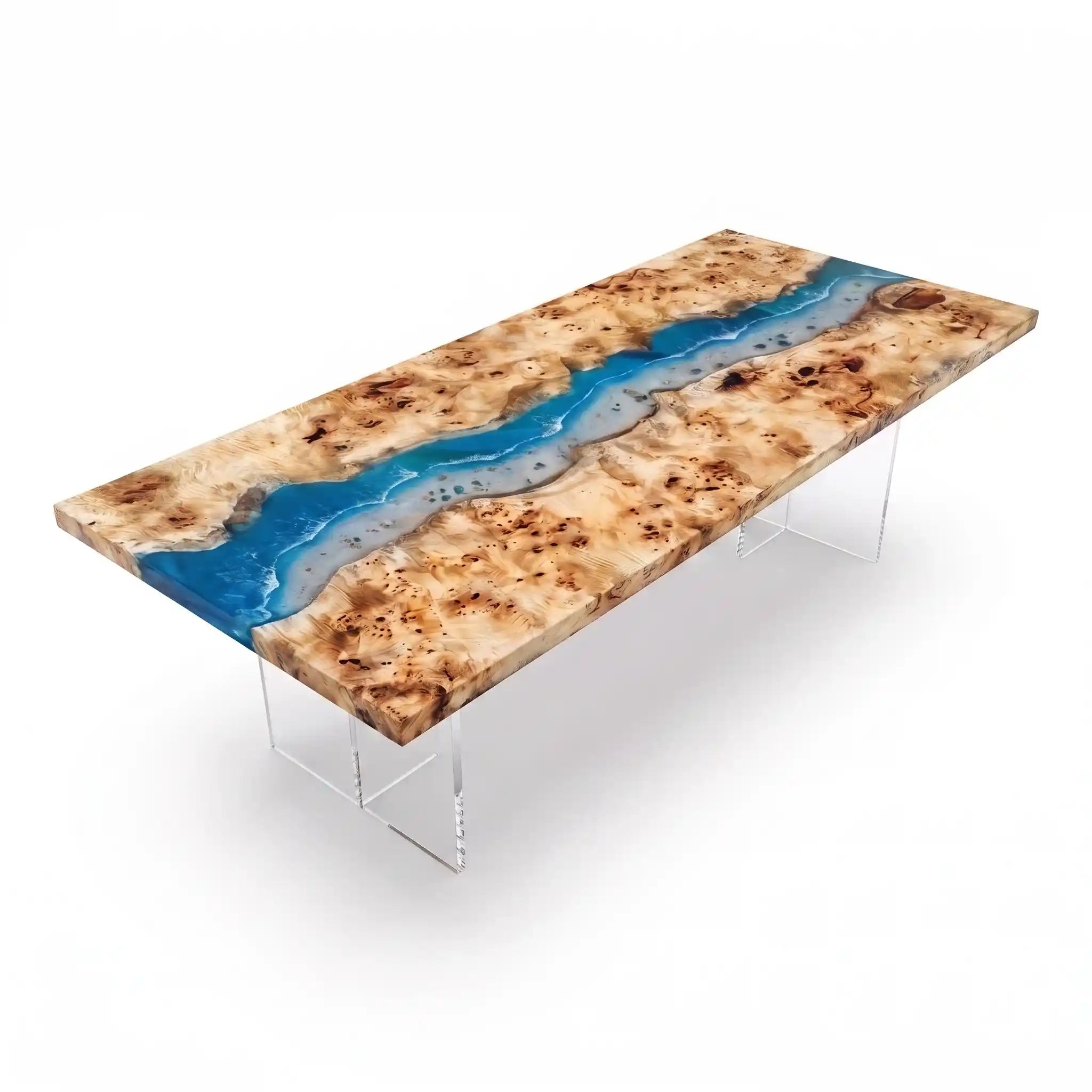 95"x35"x2" Poplar Wood & Ocean Blue Resin Rectangular Dining Table PRD11