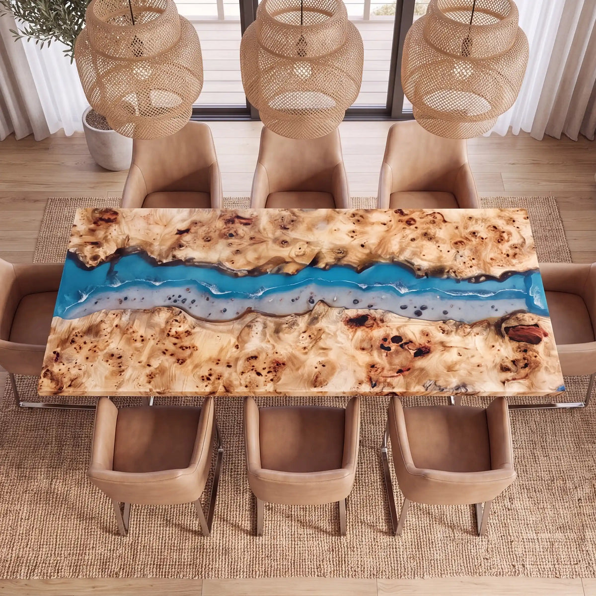 95"x35"x2" Poplar Wood & Ocean Blue Resin Rectangular Dining Table PRD11