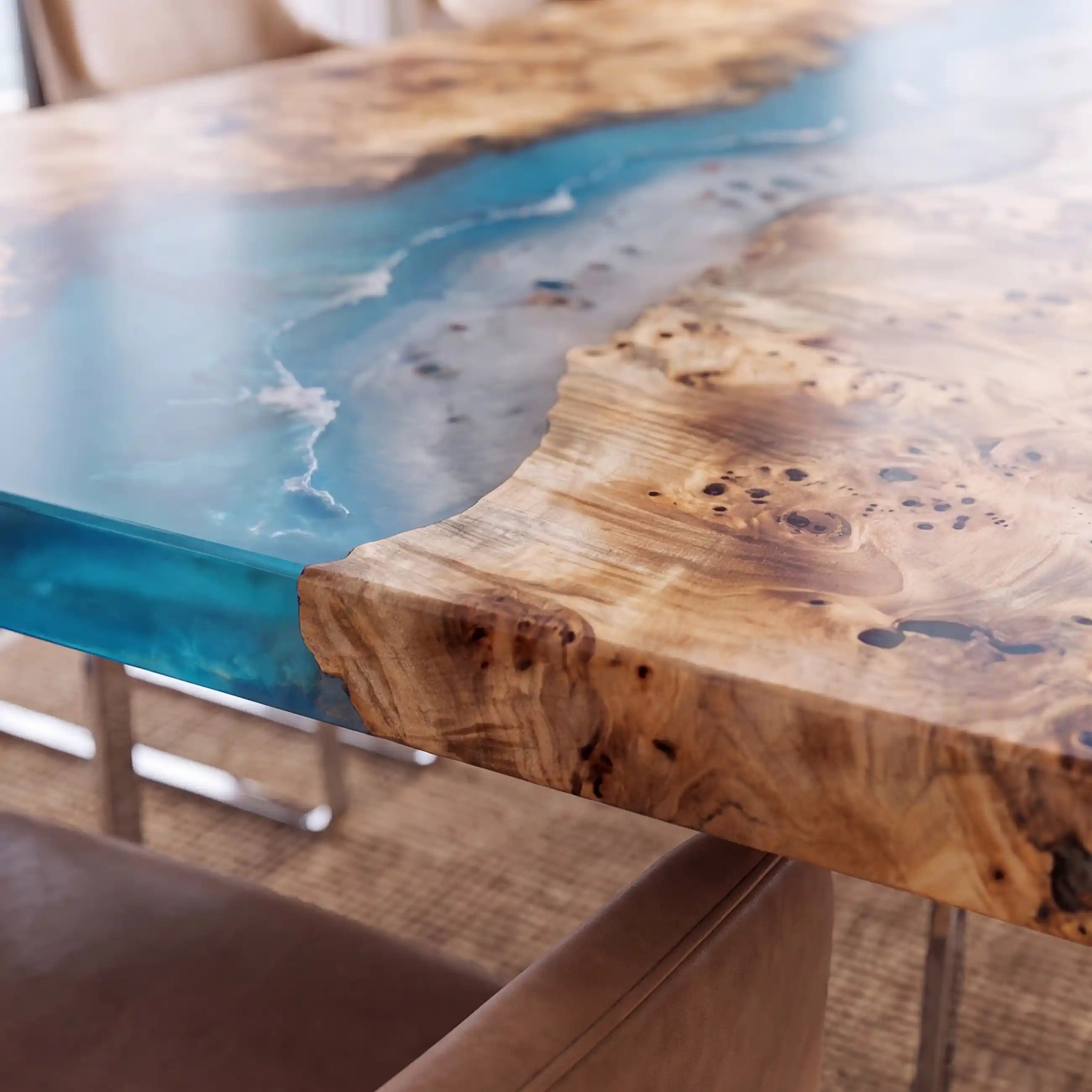95"x35"x2" Poplar Wood & Ocean Blue Resin Rectangular Dining Table PRD11