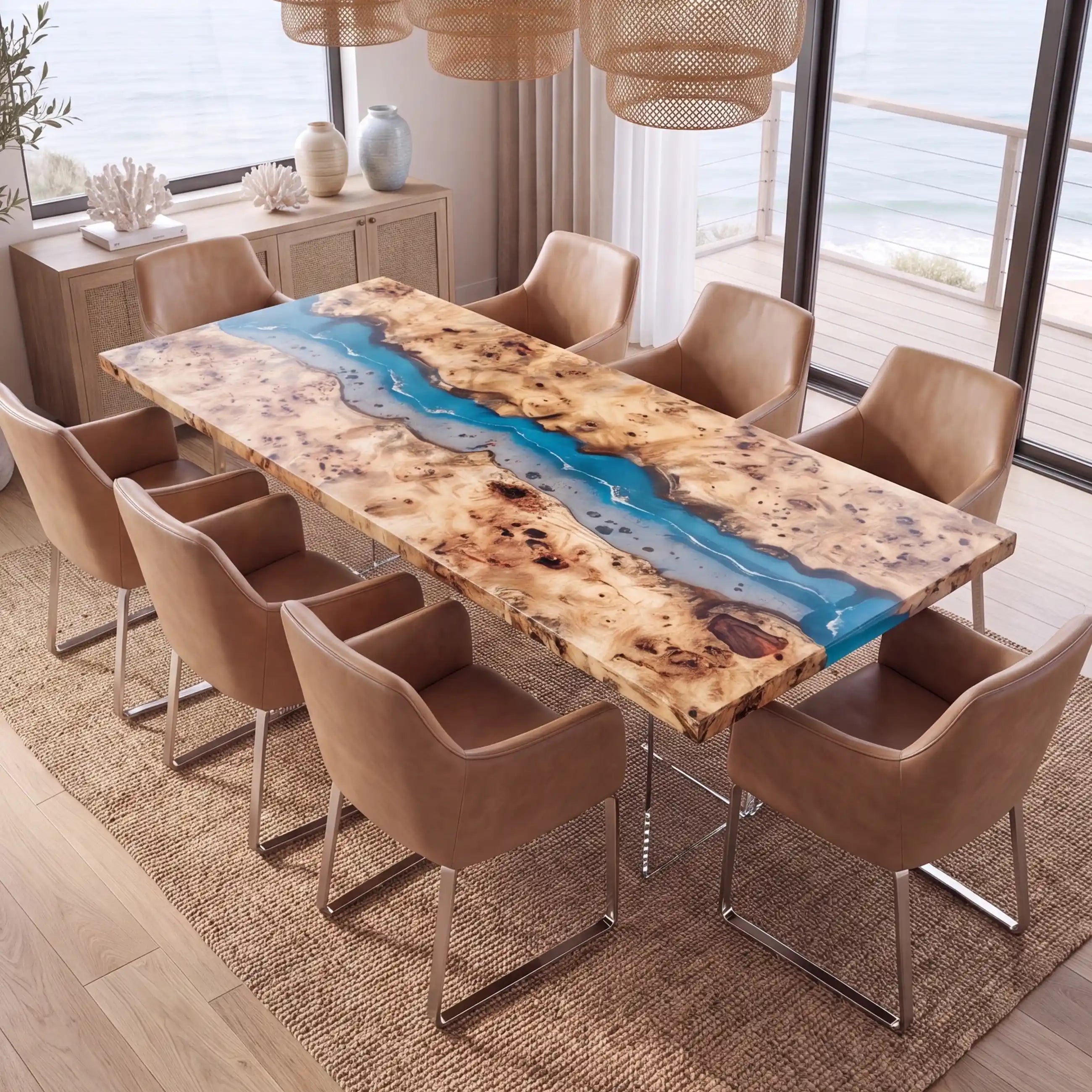 95"x35"x2" Poplar Wood & Ocean Blue Resin Rectangular Dining Table PRD11