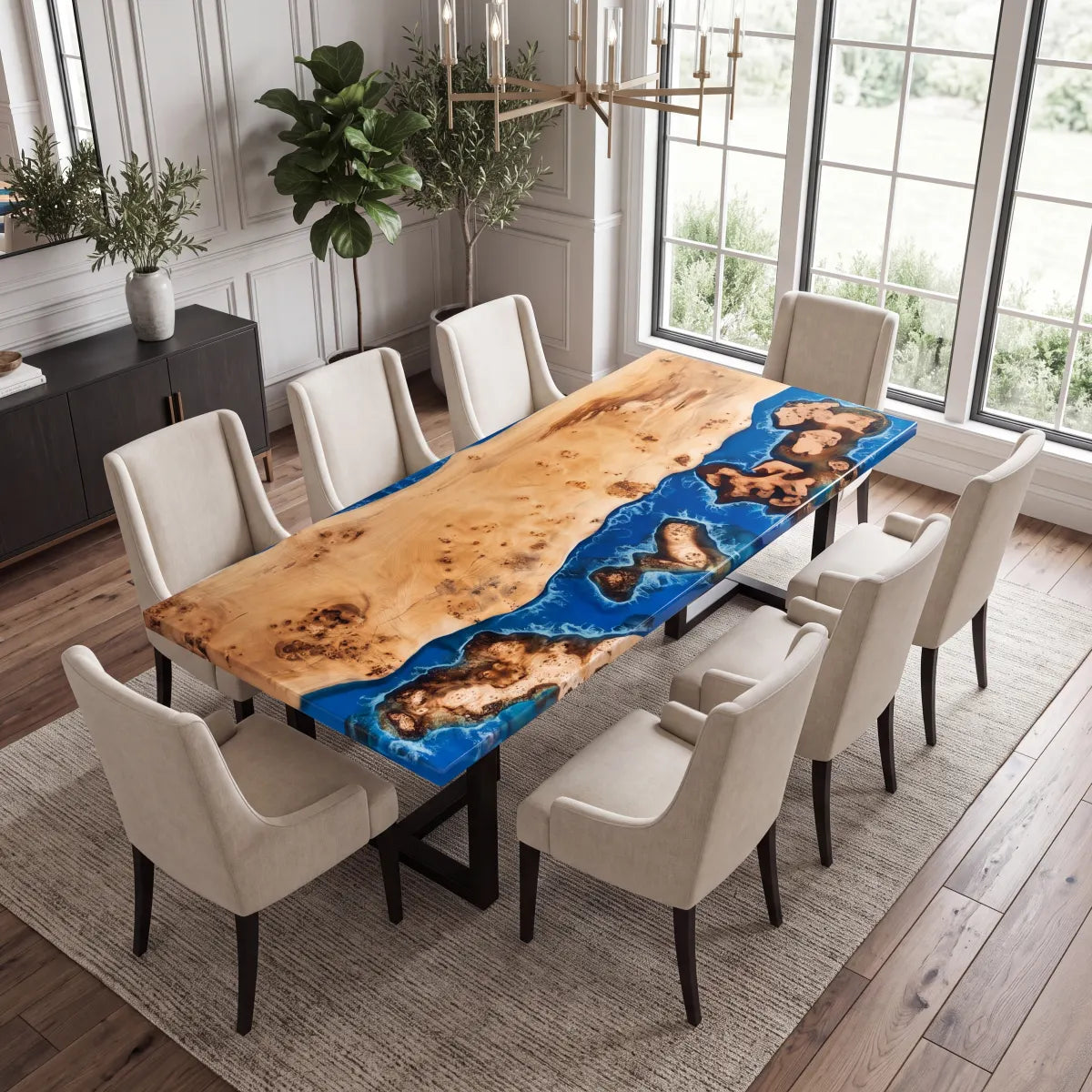 96 x 42 x 1.96 inch Poplar Wood Blue Seawave resin Rectangular dining table photo 6