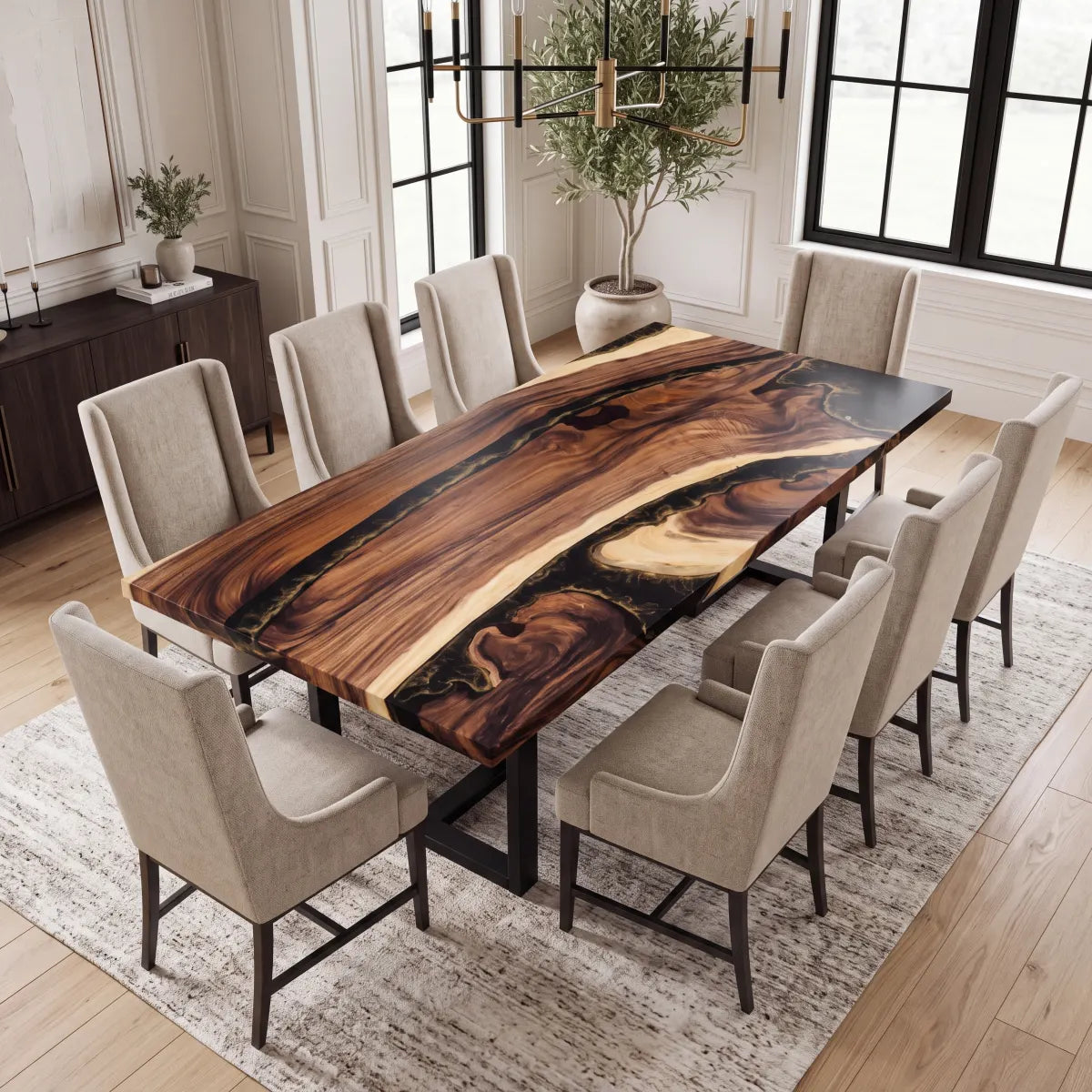 96 x 42 x 1.96 inch Walnut Black Resin River resin Rectangular dining table photo 6