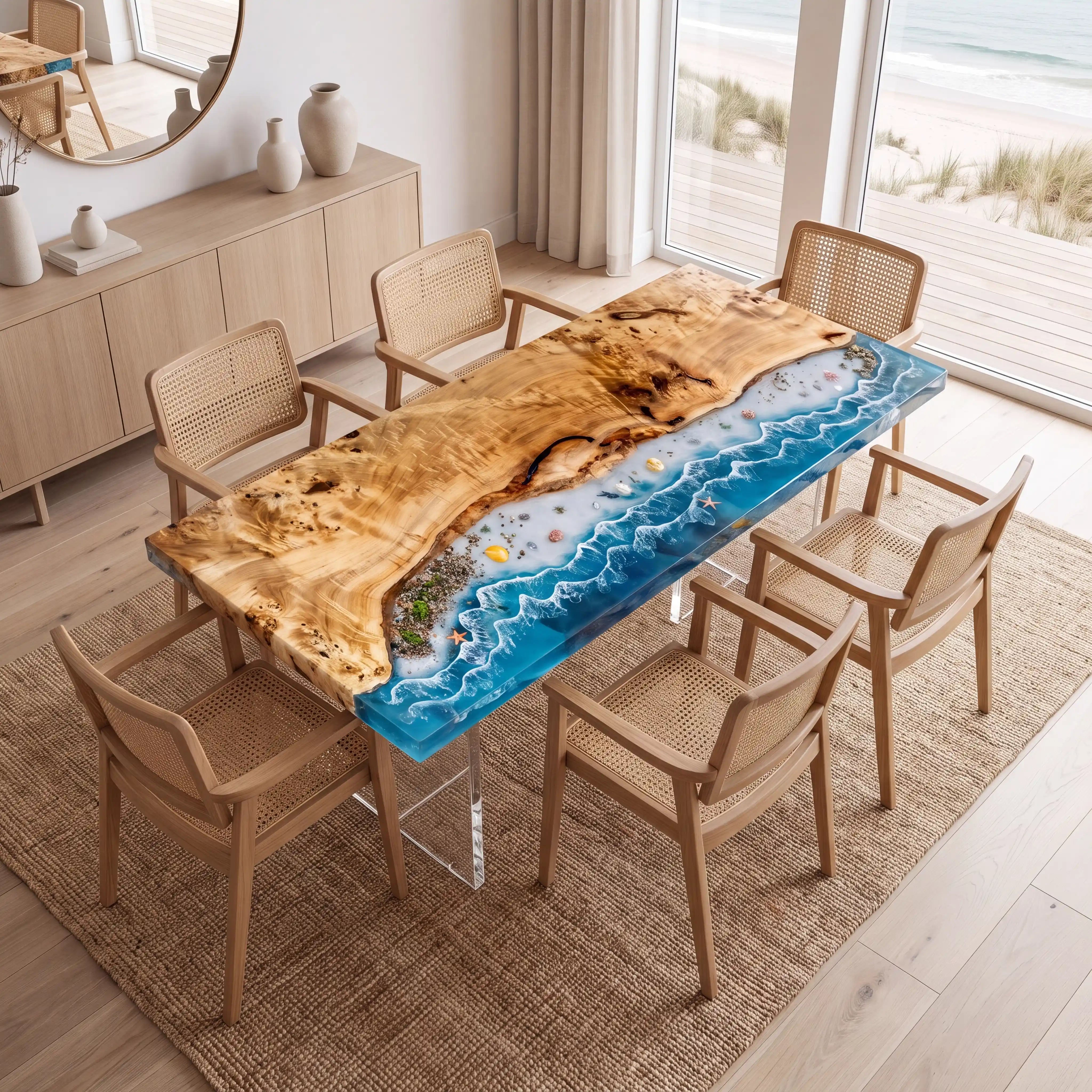 97"x36"x2" Poplar Wood & Coastal Ocean Resin Rectangular Dining Table PRD10