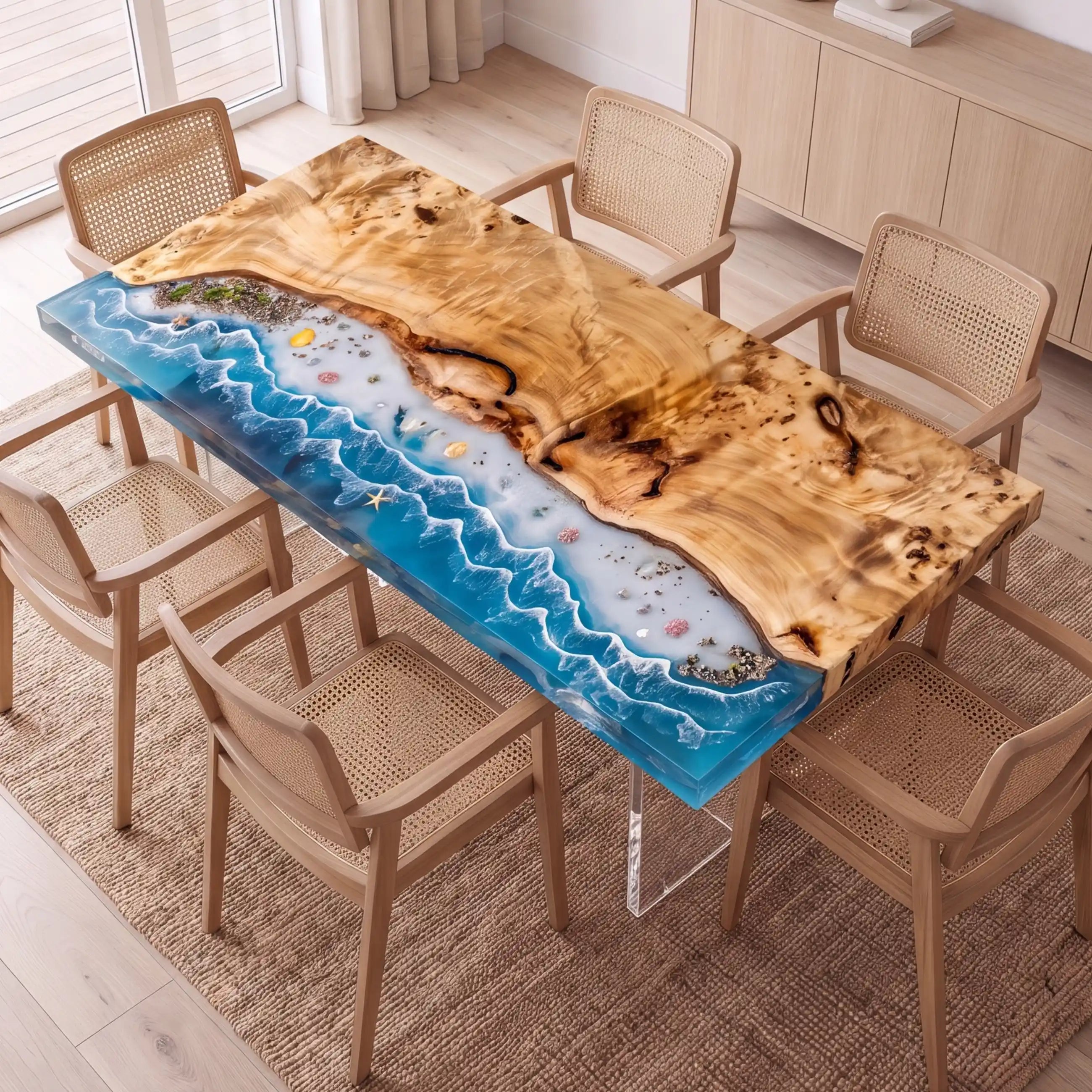 97"x36"x2" Poplar Wood & Coastal Ocean Resin Rectangular Dining Table PRD10