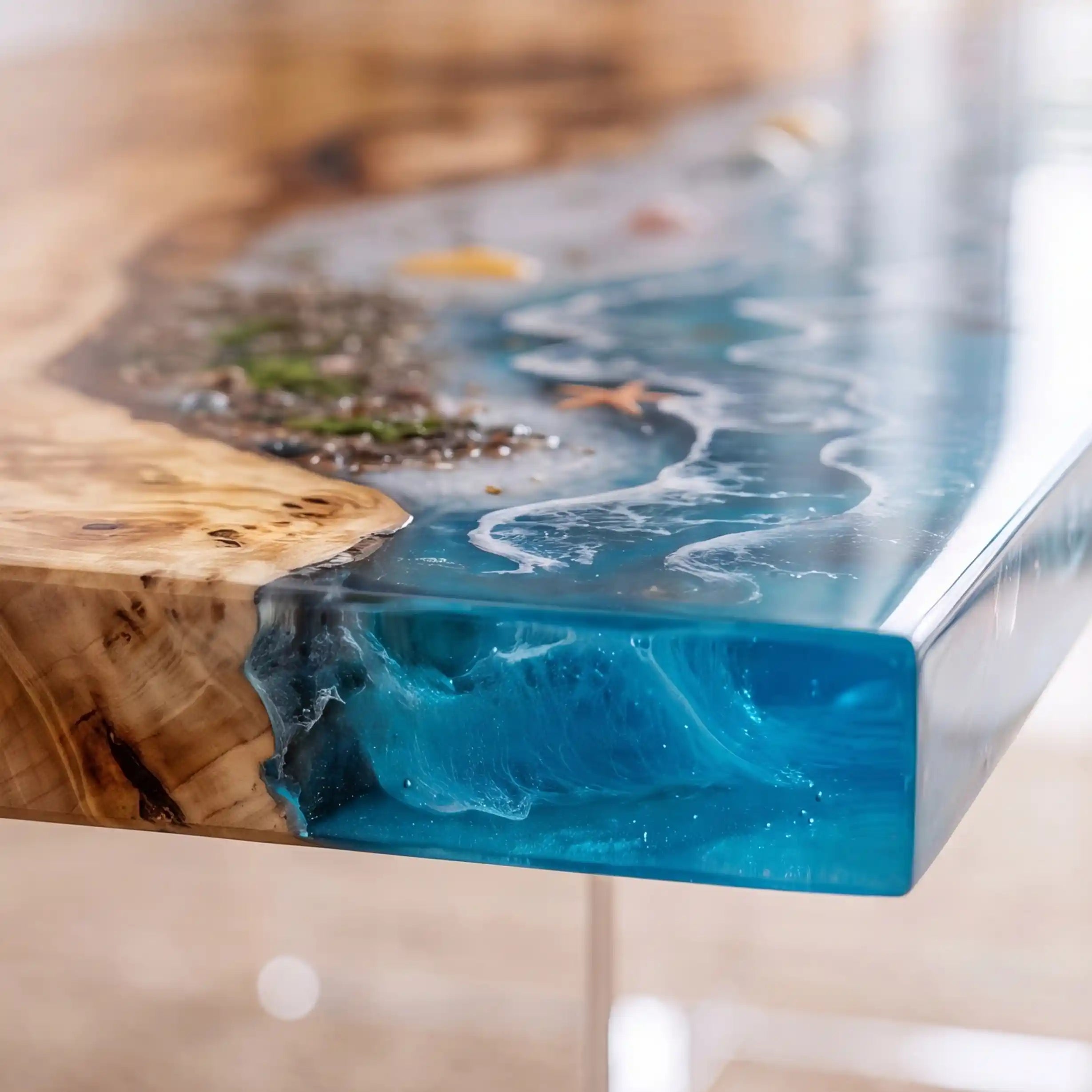 97"x36"x2" Poplar Wood & Coastal Ocean Resin Rectangular Dining Table PRD10