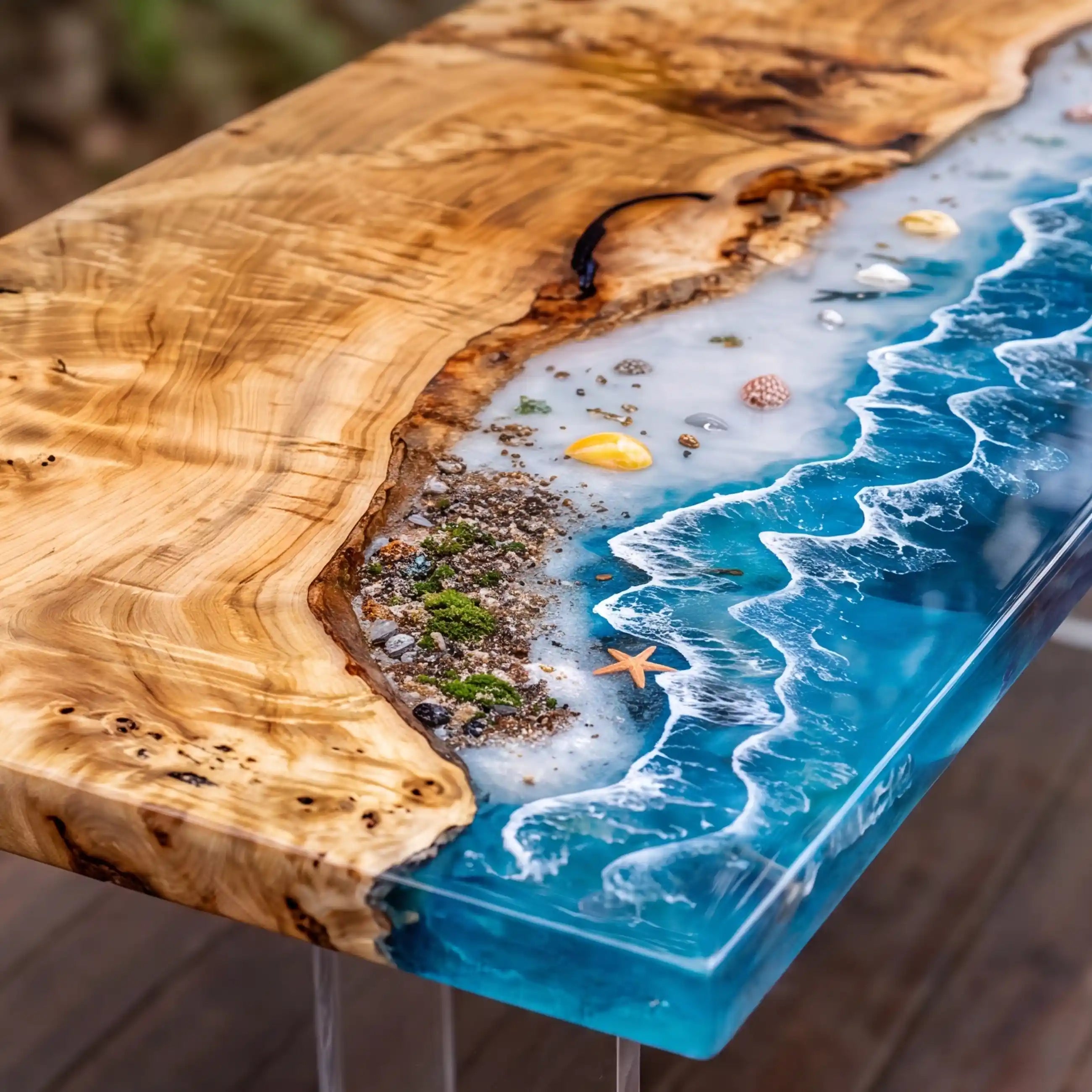 97"x36"x2" Poplar Wood & Coastal Ocean Resin Rectangular Dining Table PRD10