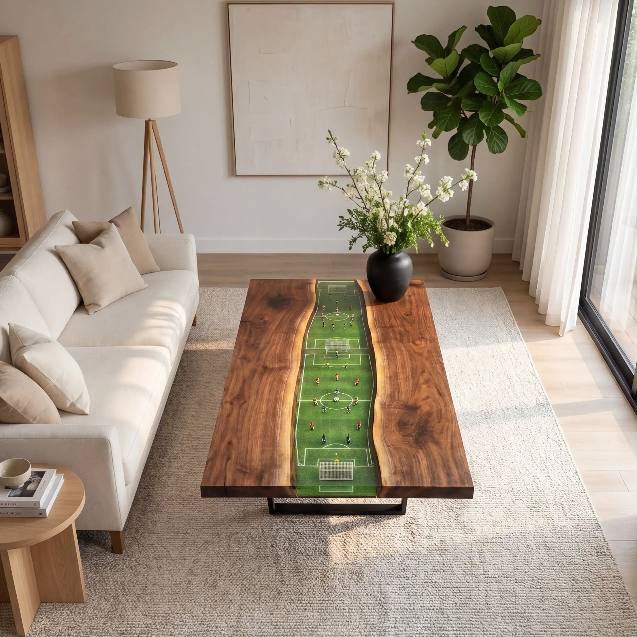 Black Walnut & 3D Miniature Soccer Field Resin Coffee Table BFT16