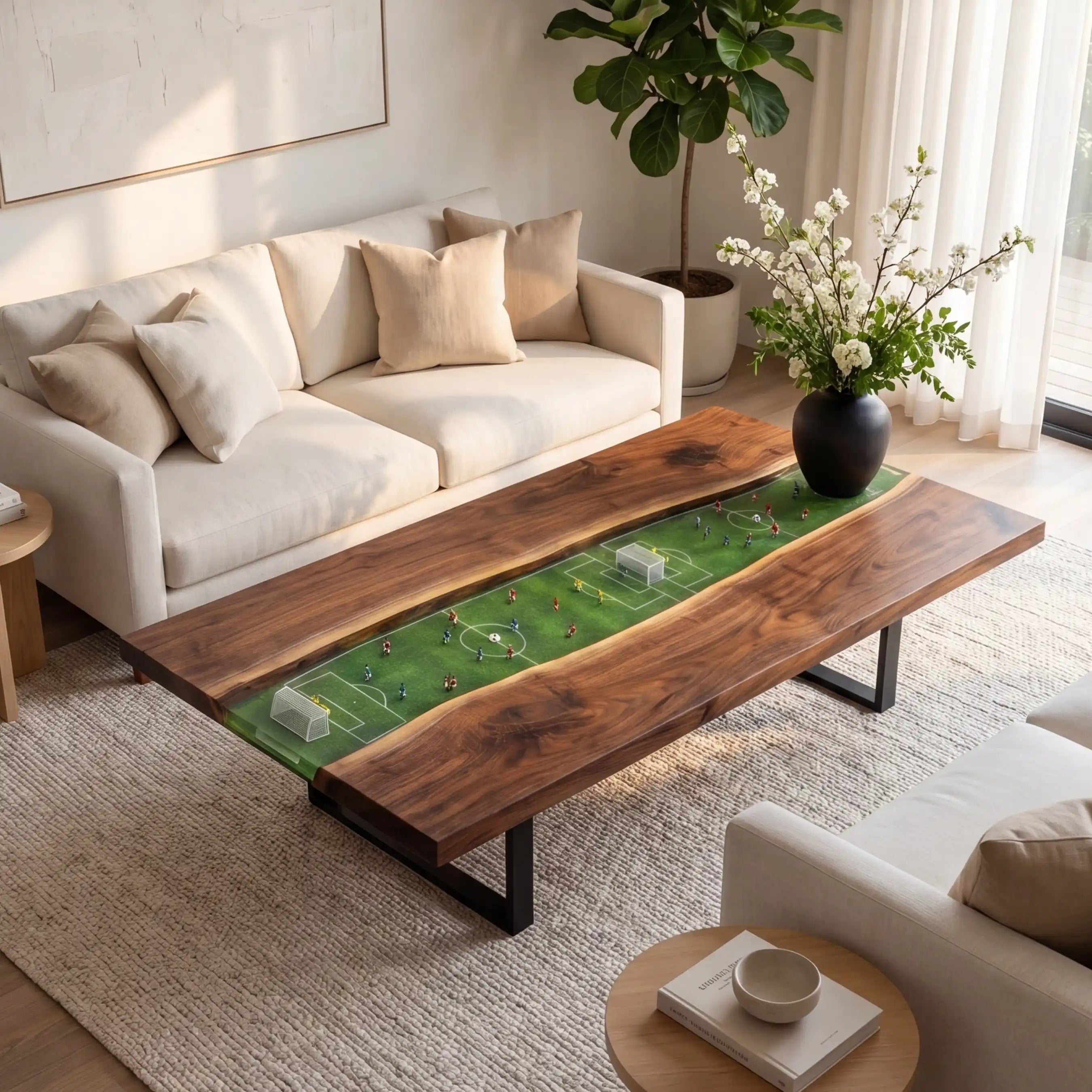 Black Walnut & 3D Miniature Soccer Field Resin Coffee Table BFT16