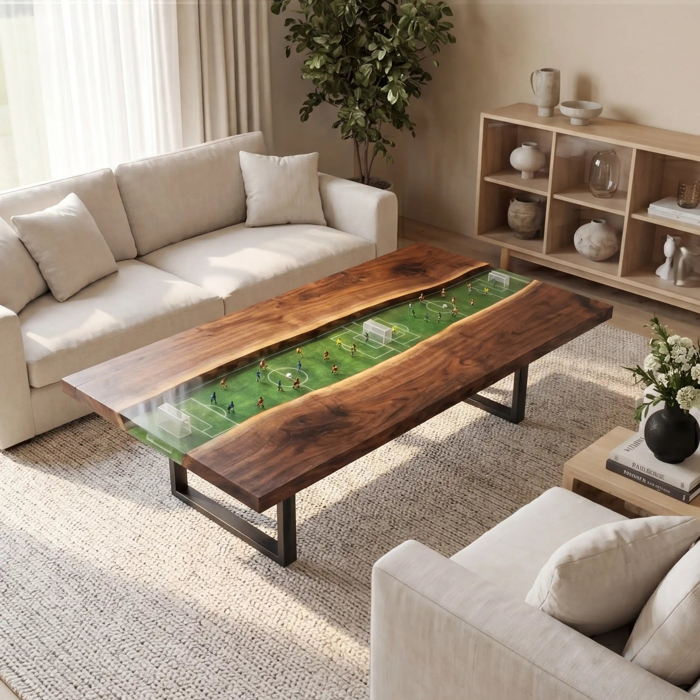 Black Walnut & 3D Miniature Soccer Field Resin Coffee Table BFT16