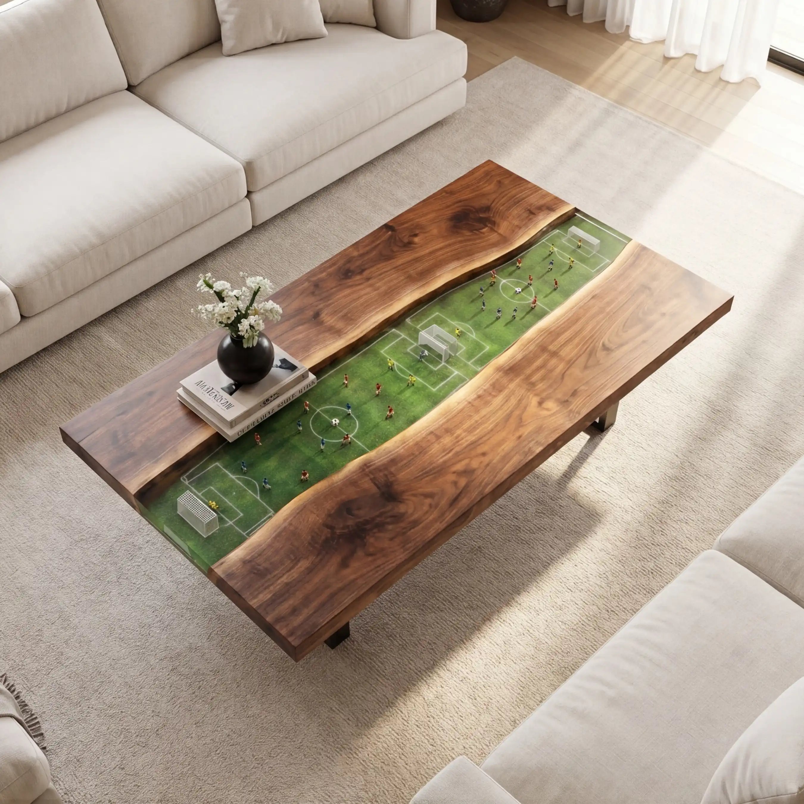Black Walnut & 3D Miniature Soccer Field Resin Coffee Table BFT16