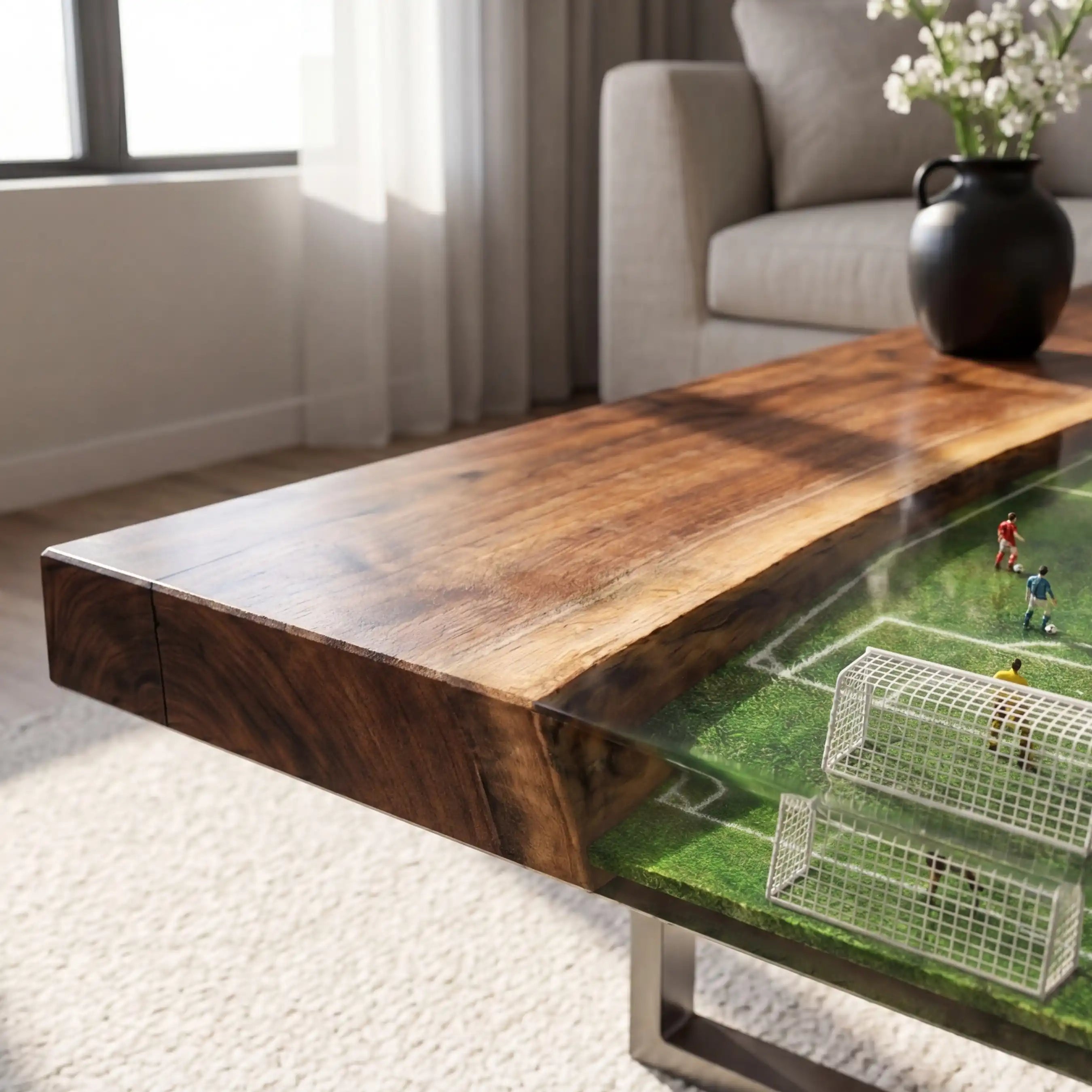 Black Walnut & 3D Miniature Soccer Field Resin Coffee Table BFT16