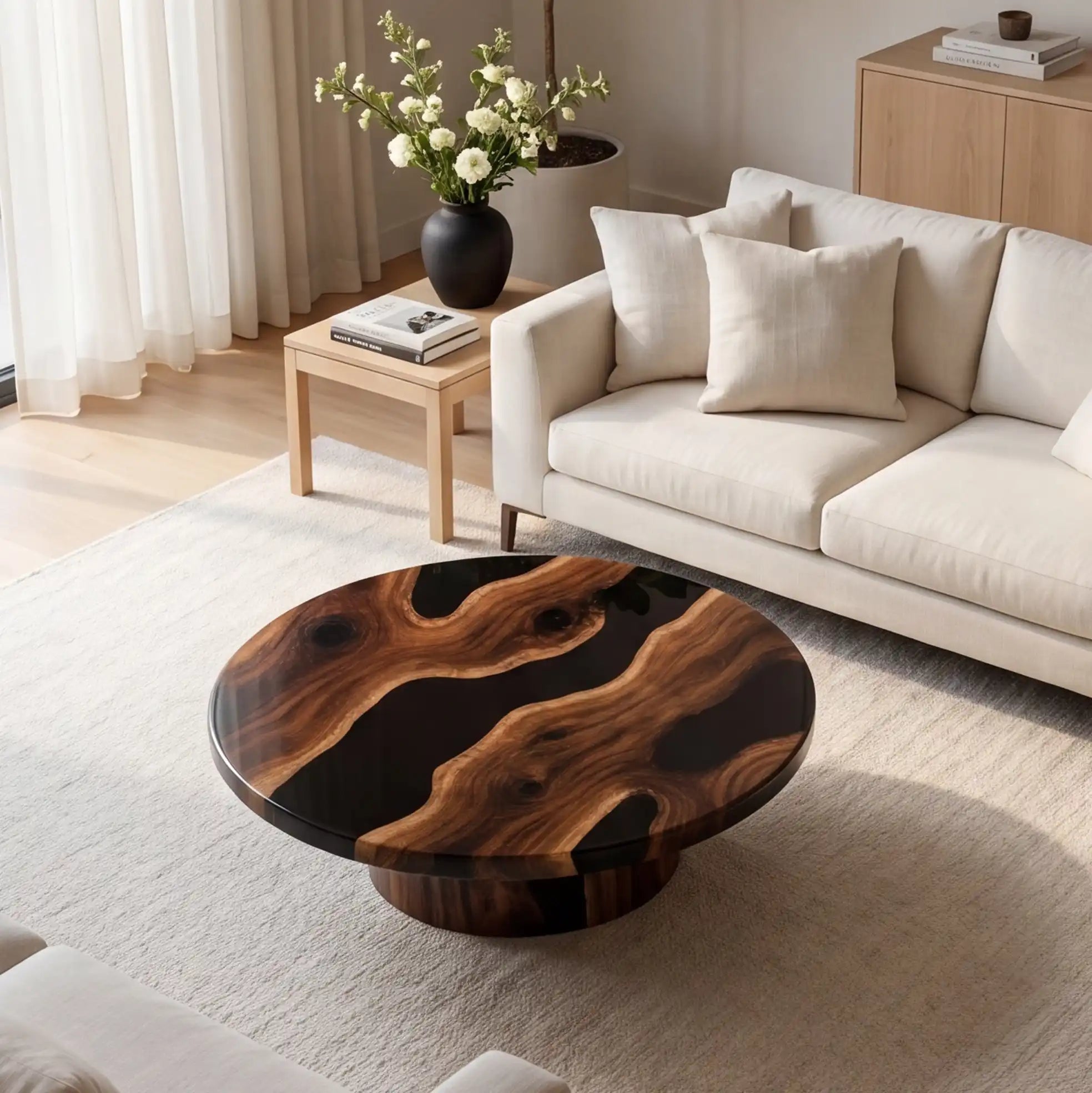 Black Walnut & Black Resin Round Coffee Table  BRT6