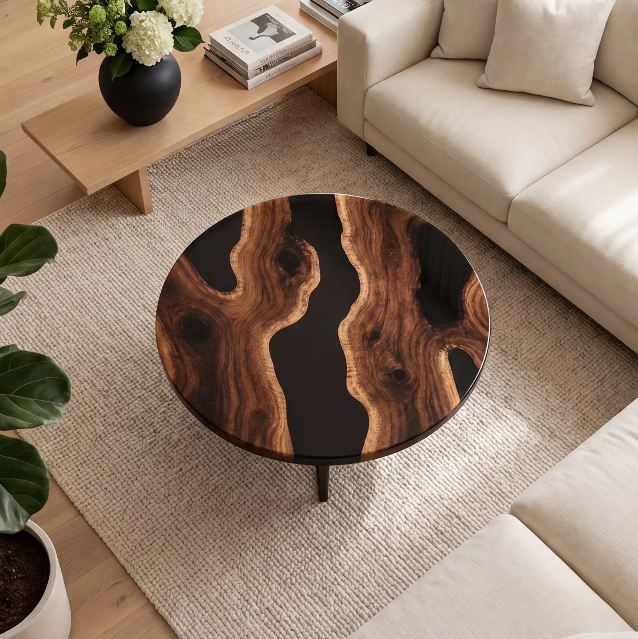 Black Walnut & Black Resin Round Coffee Table  BRT6