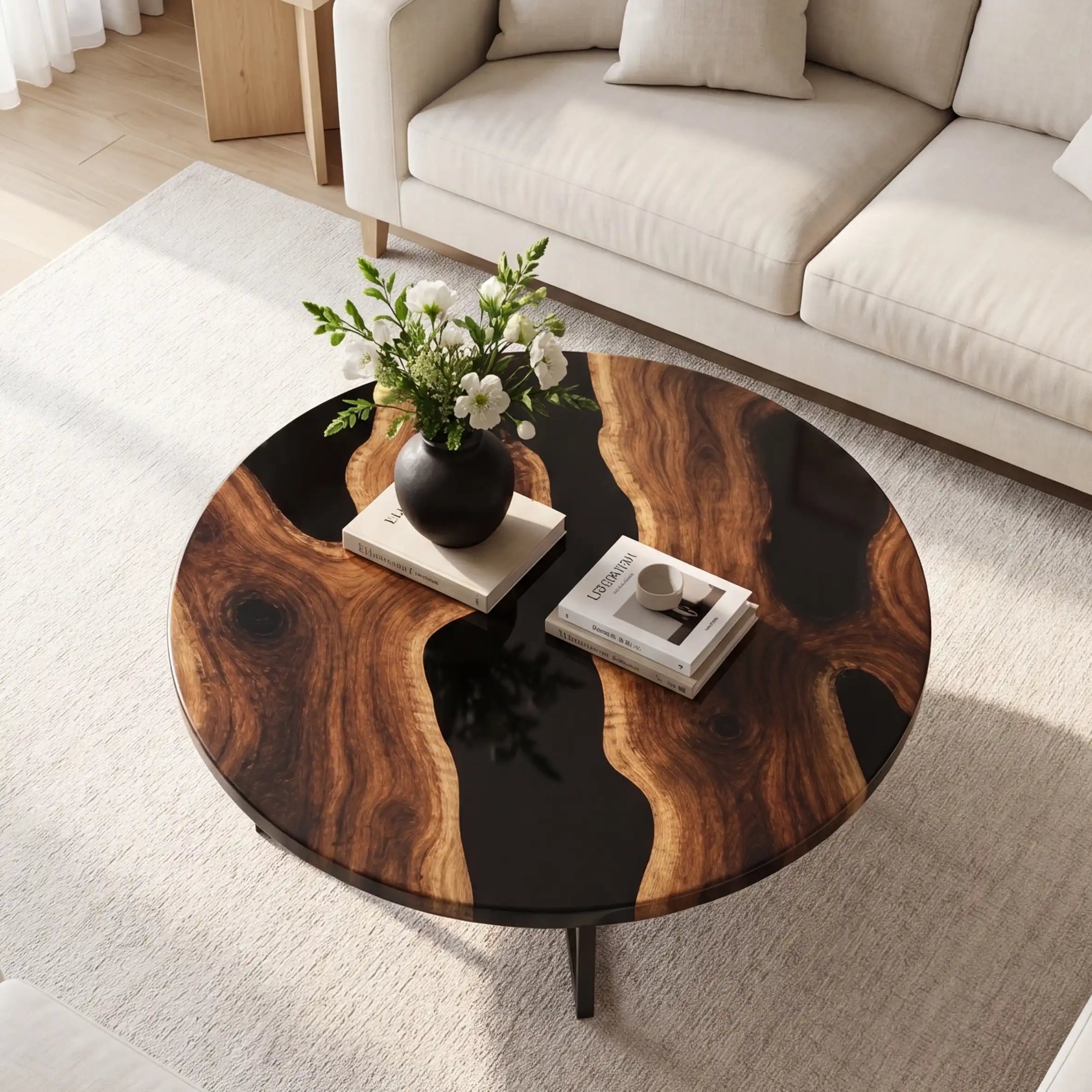 Black Walnut & Black Resin Round Coffee Table  BRT6