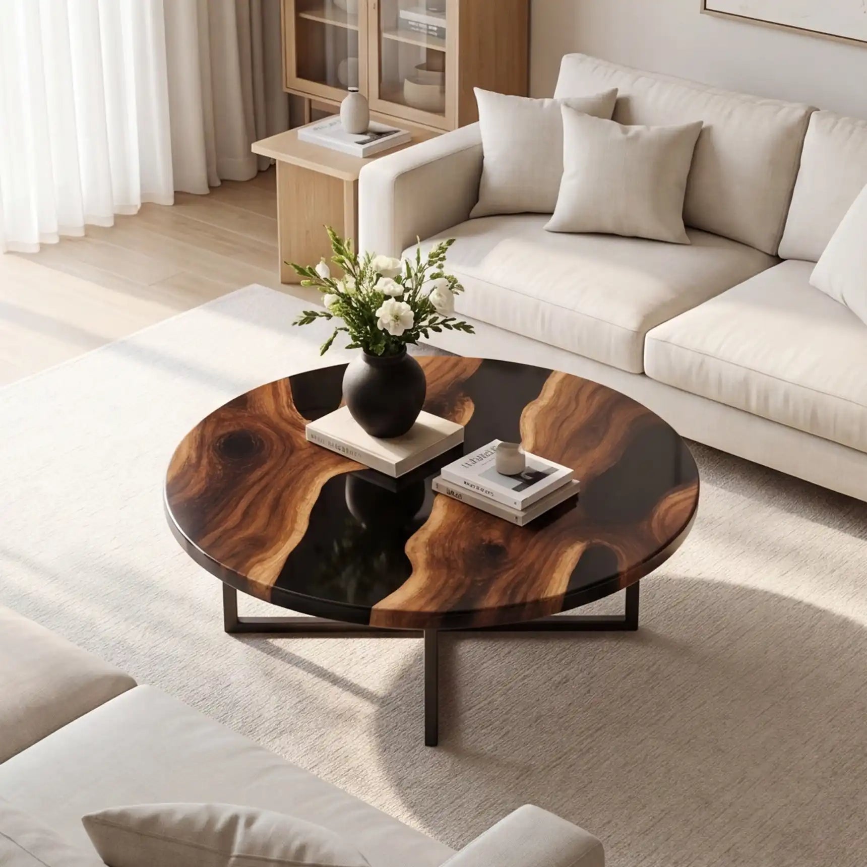 Black Walnut & Black Resin Round Coffee Table  BRT6