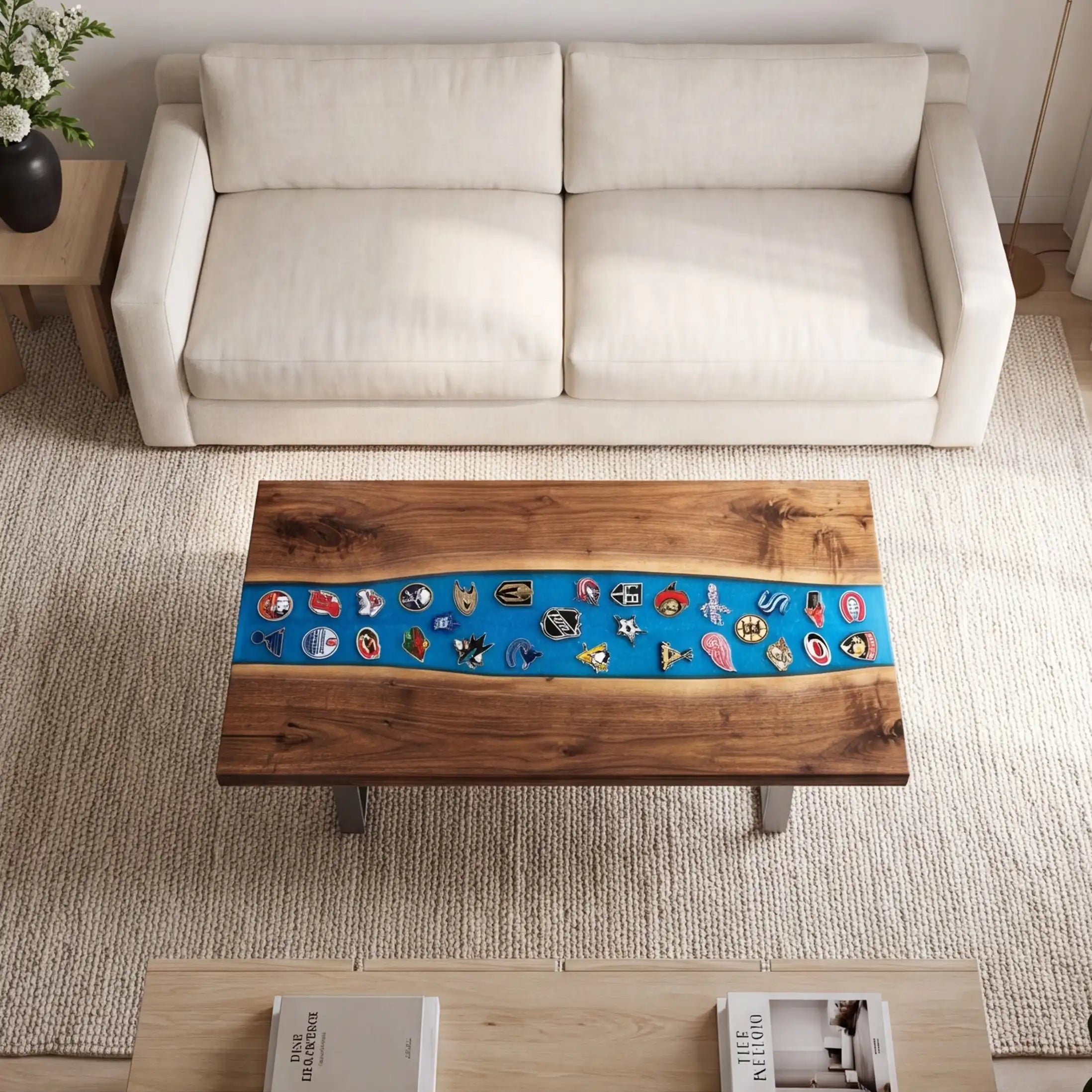 Black Walnut & Blue Sports Logo Resin Coffee Table BRT46
