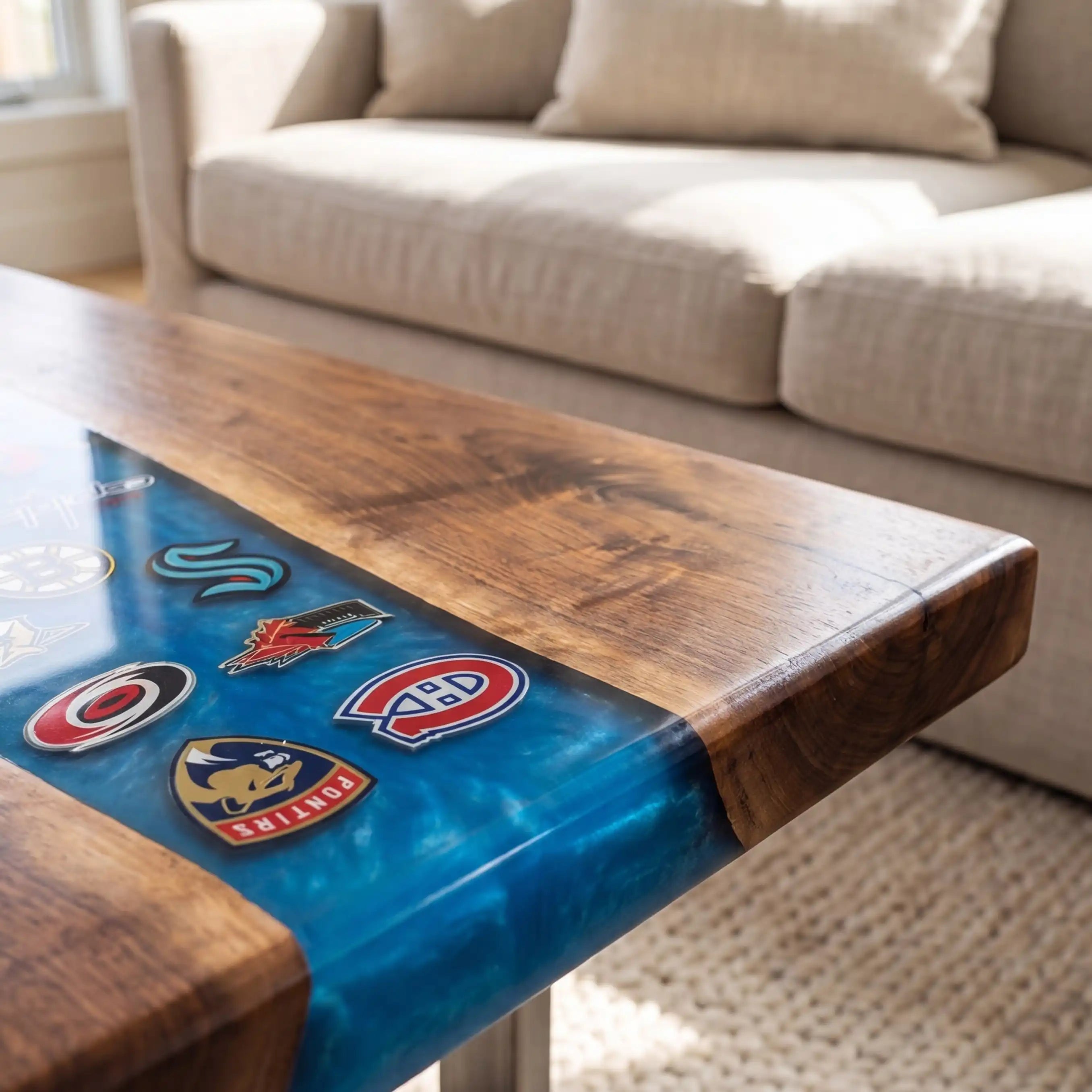 Black Walnut & Blue Sports Logo Resin Coffee Table BRT46