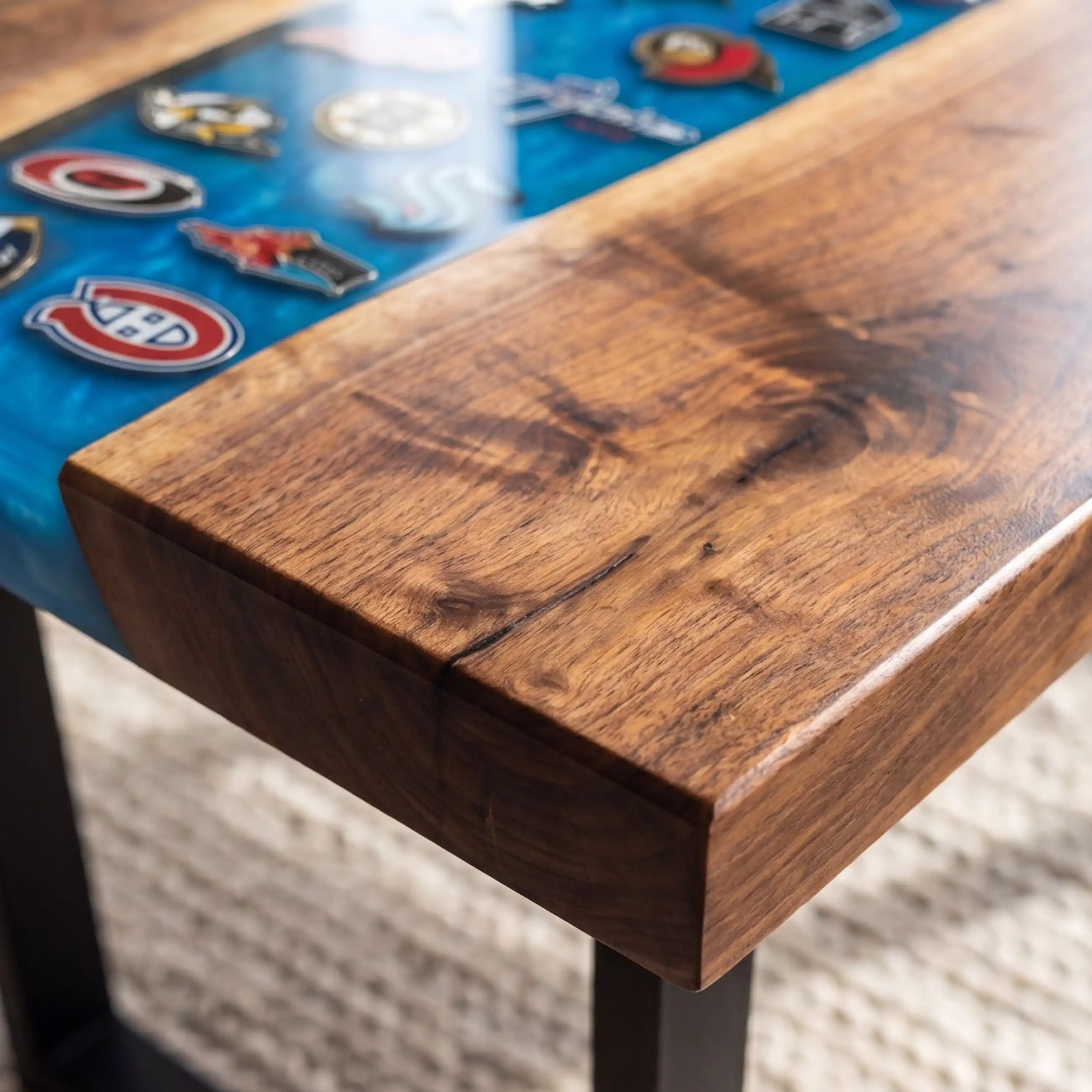 Black Walnut & Blue Sports Logo Resin Coffee Table BRT46