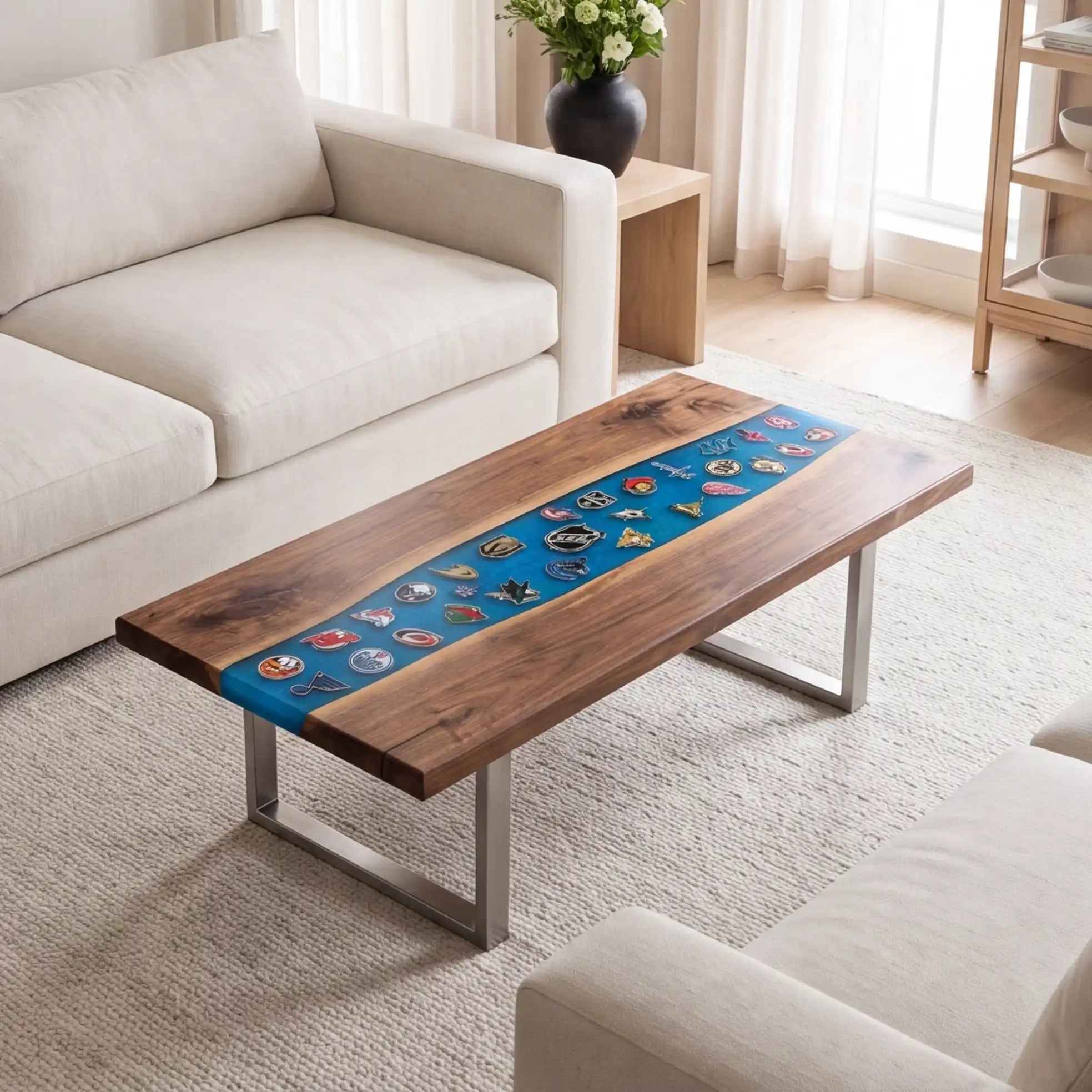 Black Walnut & Blue Sports Logo Resin Coffee Table BRT46