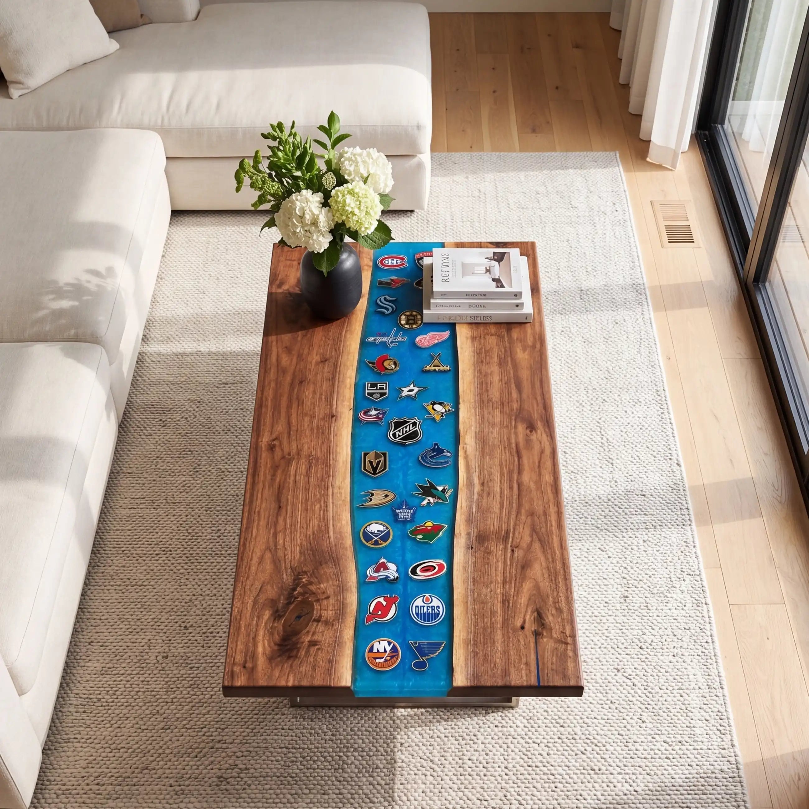 Black Walnut & Blue Sports Logo Resin Coffee Table BRT46