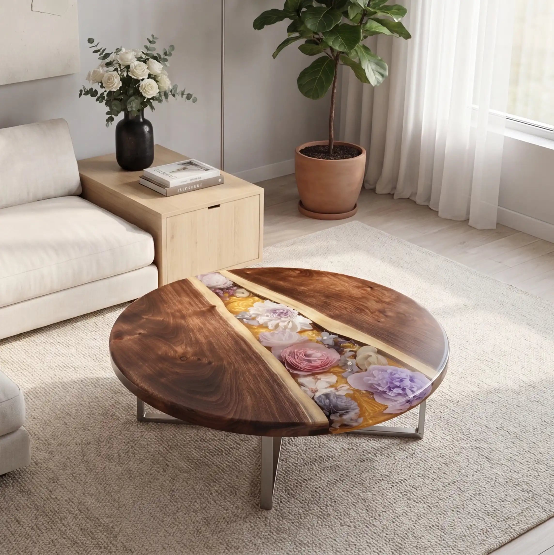 Black Walnut & Botanical Resin Round Coffee Table BRT7