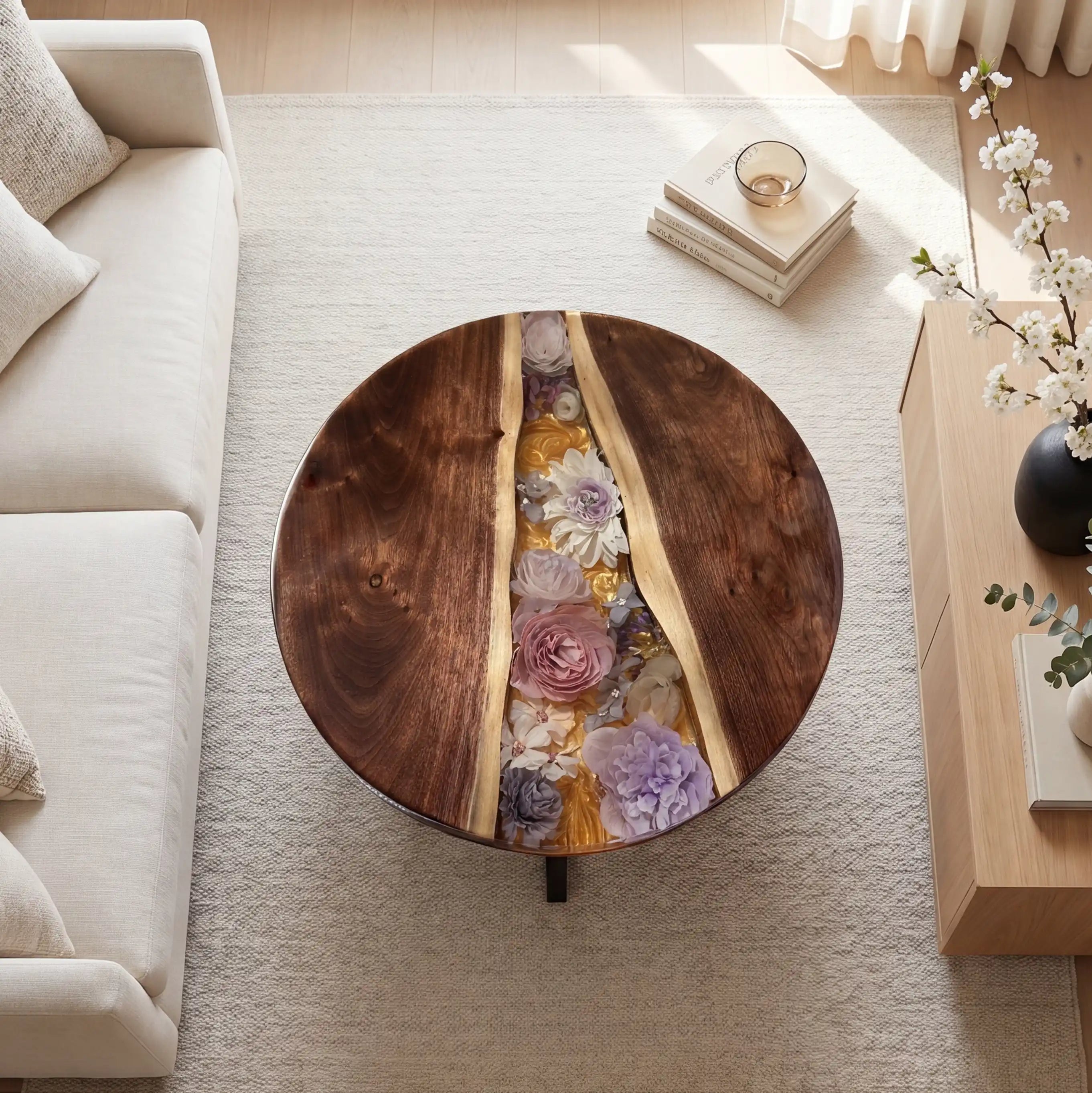 Black Walnut & Botanical Resin Round Coffee Table BRT7