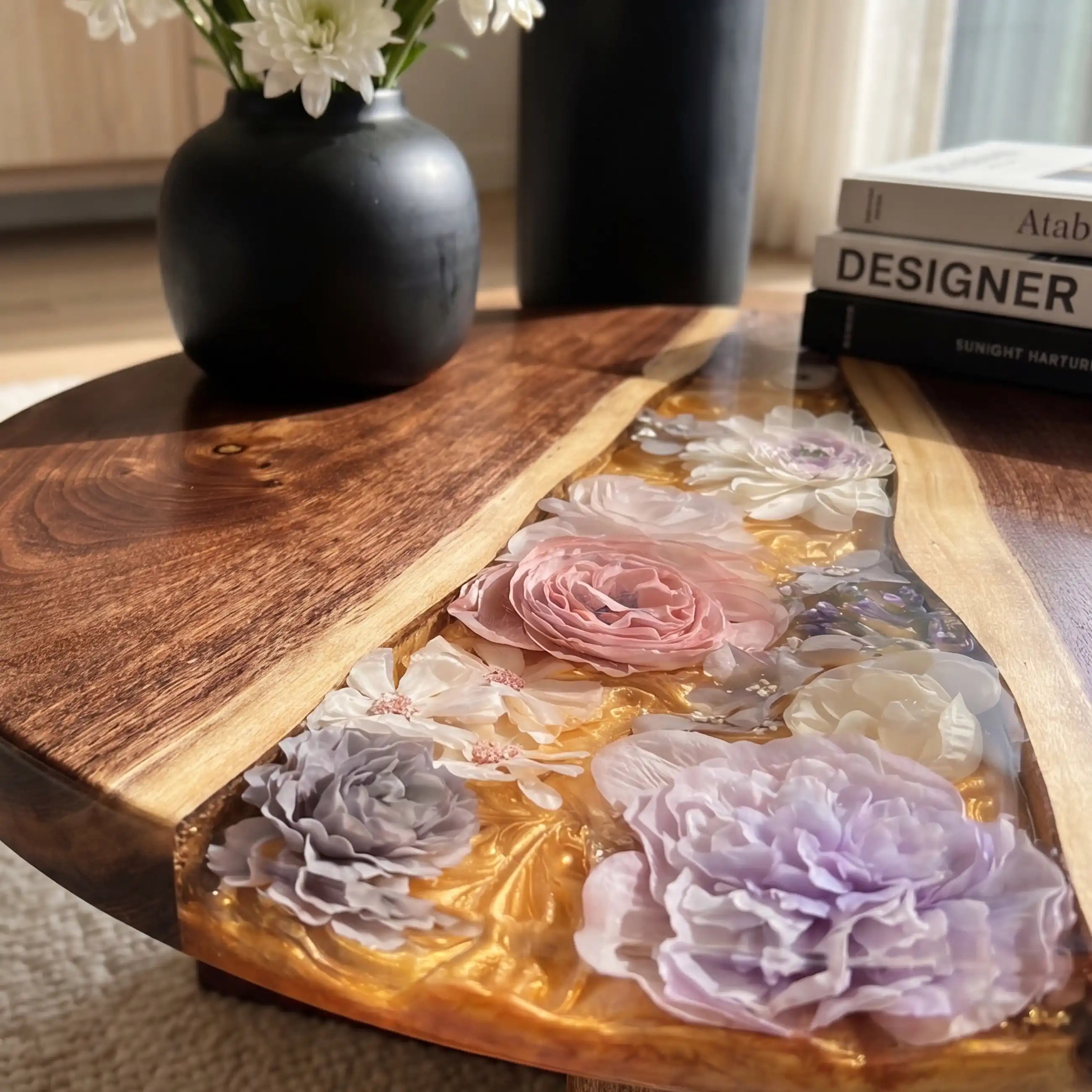 Black Walnut & Botanical Resin Round Coffee Table BRT7