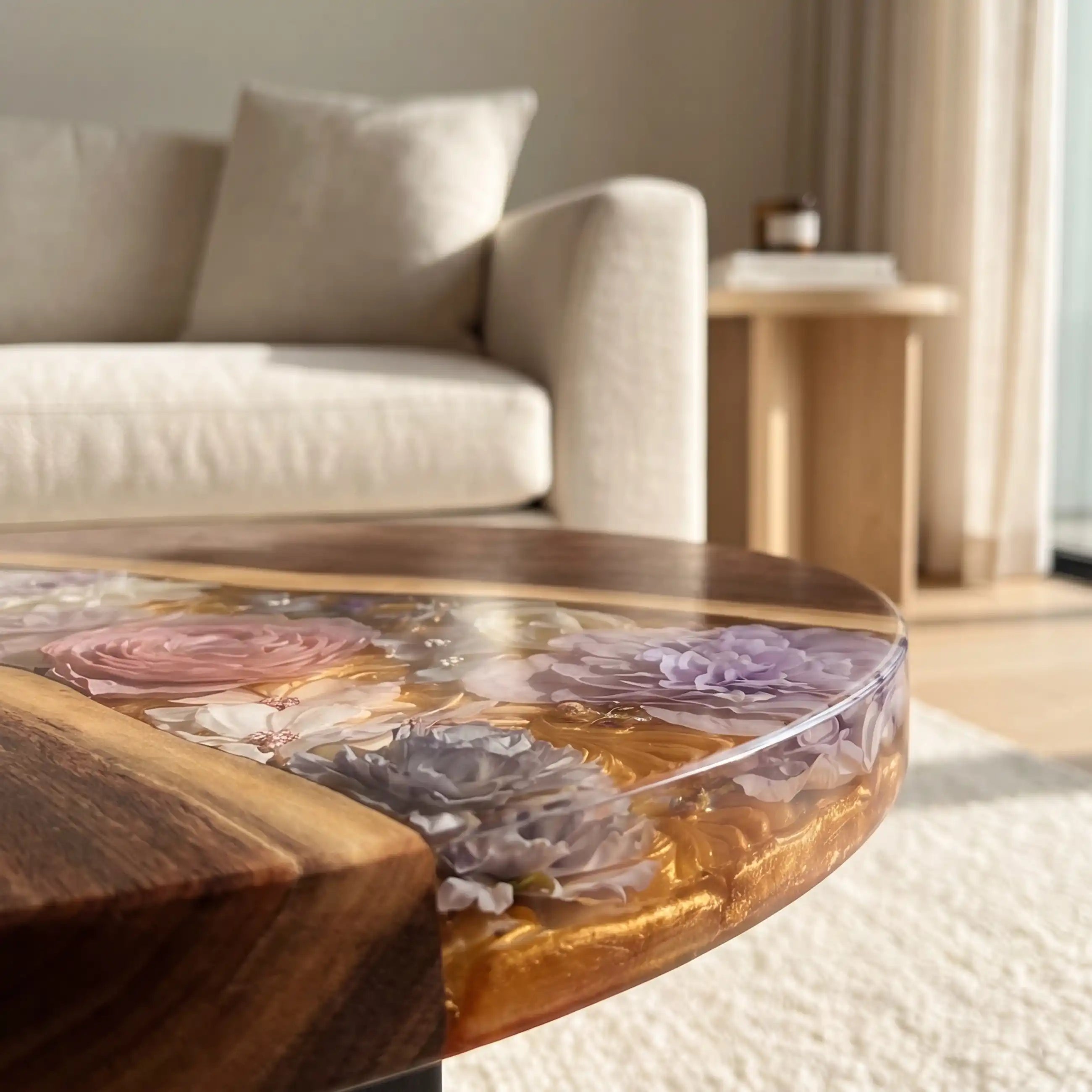 Black Walnut & Botanical Resin Round Coffee Table BRT7