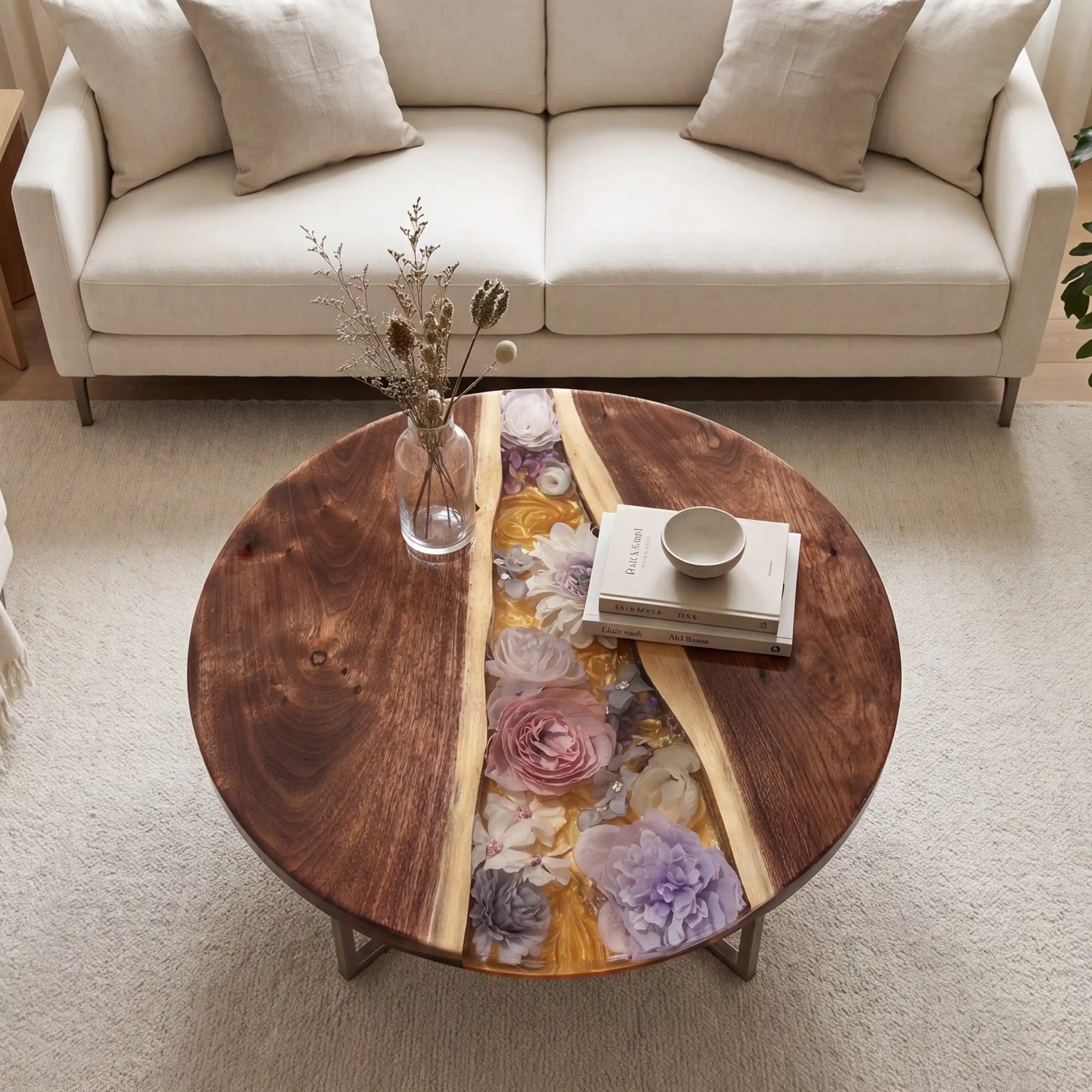 Black Walnut & Botanical Resin Round Coffee Table BRT7