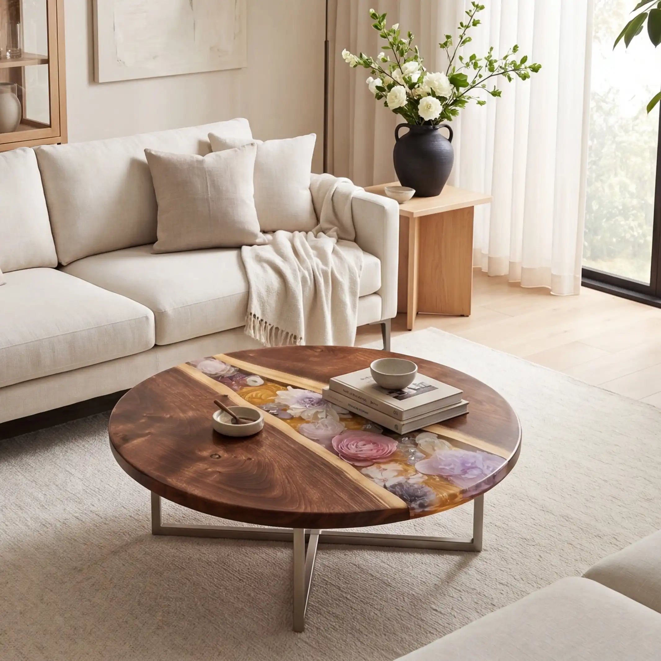 Black Walnut & Botanical Resin Round Coffee Table BRT7