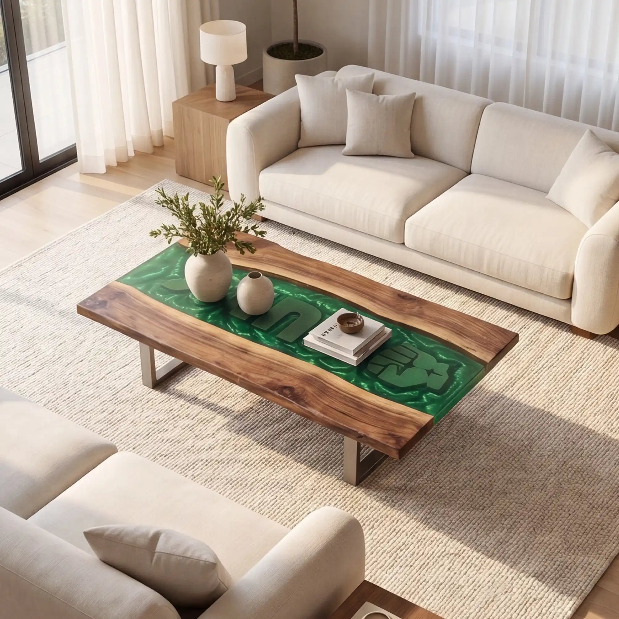 Black Walnut & Emerald Green 3D Art Resin Coffee Table BRT42