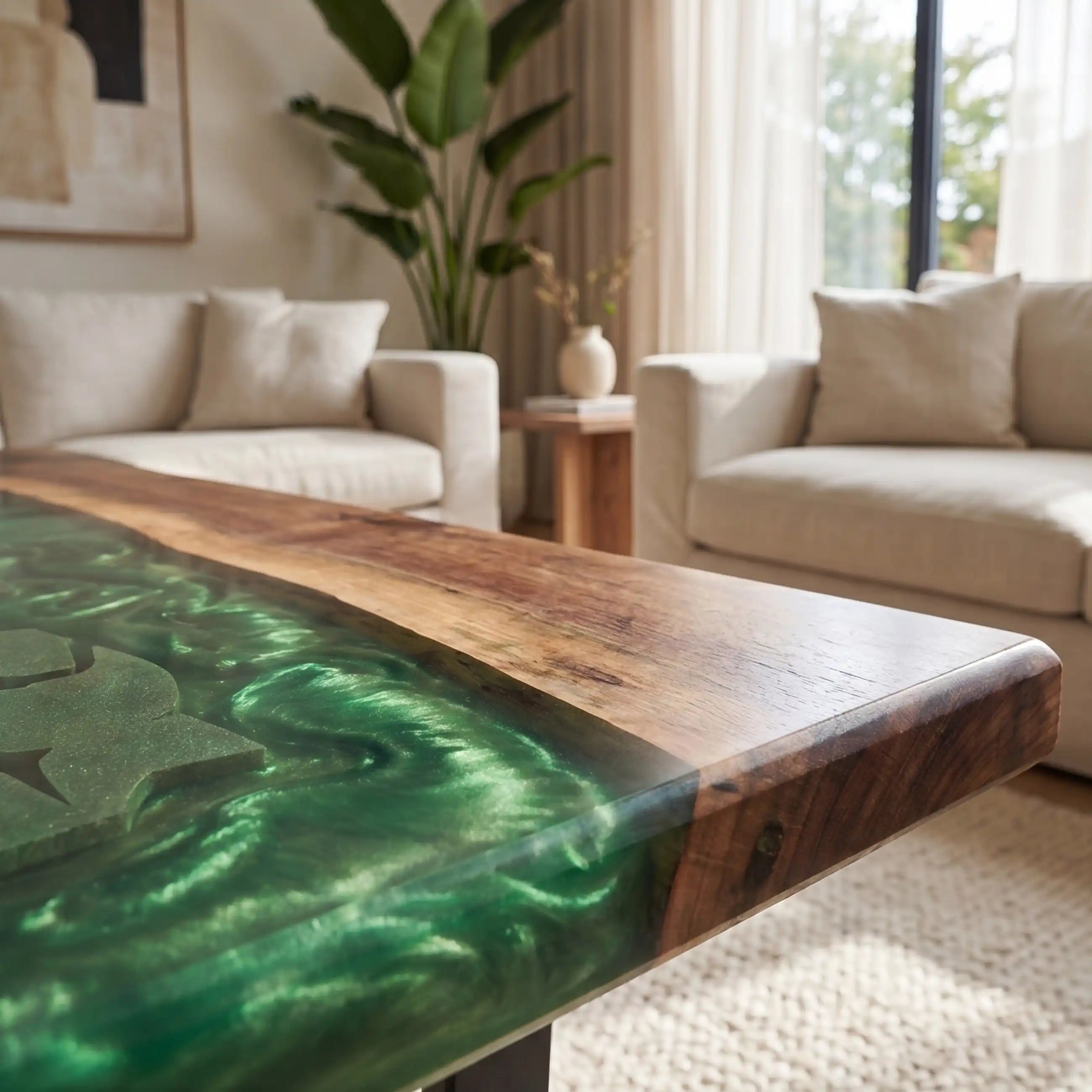 Black Walnut & Emerald Green 3D Art Resin Coffee Table BRT42