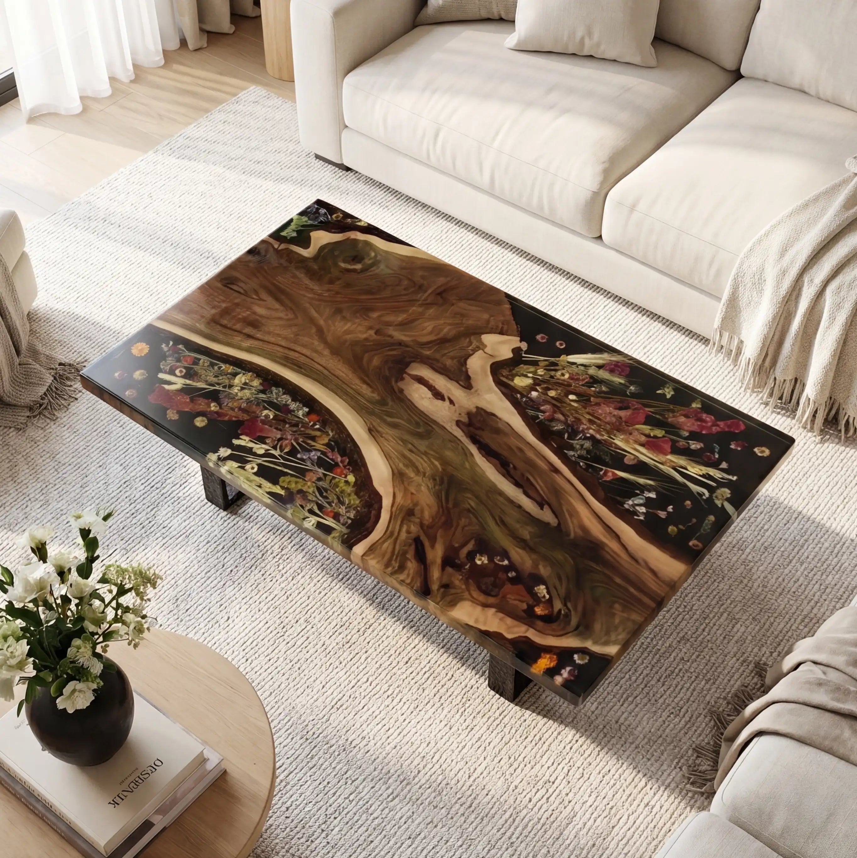 Black Walnut & Floral Black Resin Coffee Table BRT40